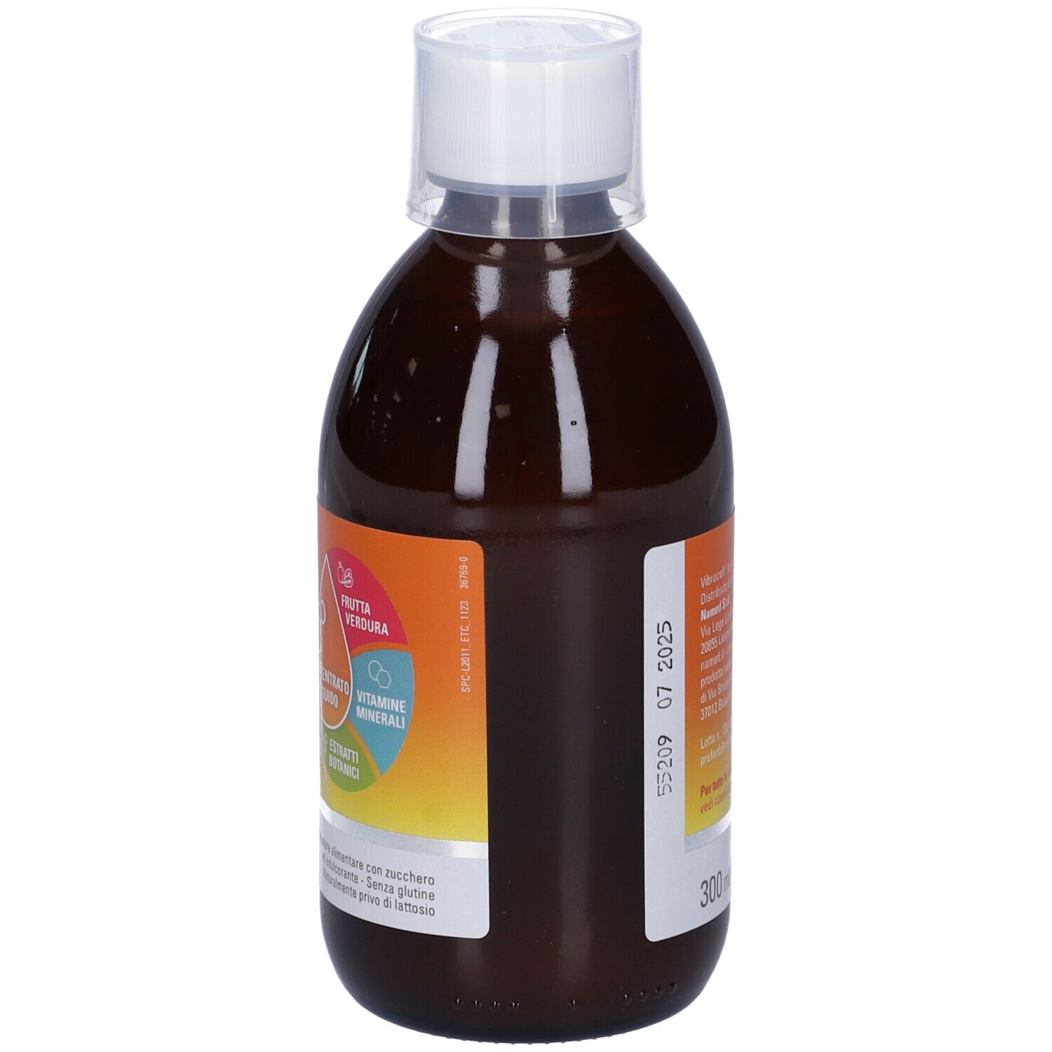Rückseite einer Flasche mit brauner Flüssigkeit. Aufkleber mit Inhaltsstoffen und Informationen. Volumen: 300 ml. Mindesthaltbarkeit: 07 2025.