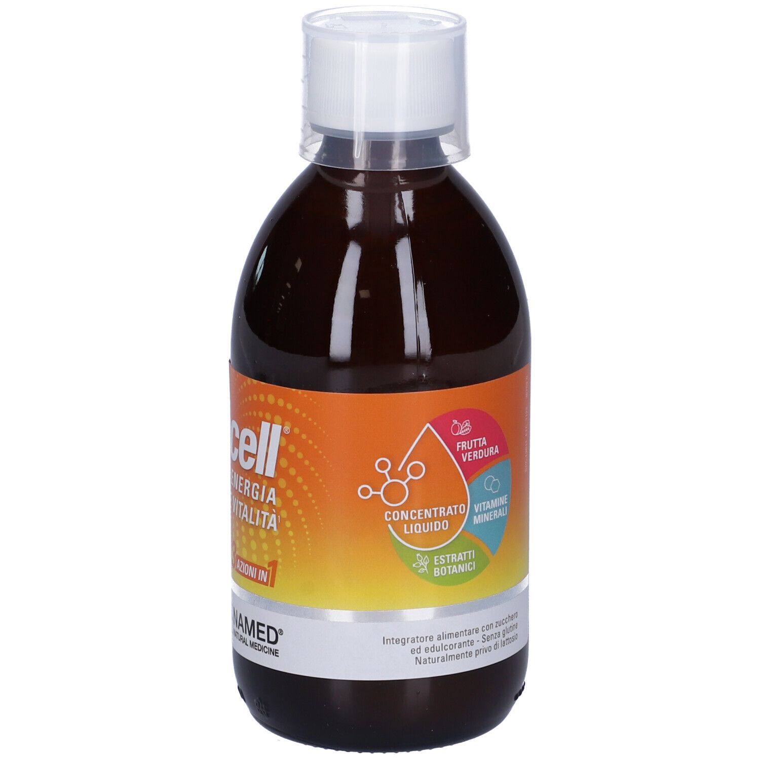 Braune Flüssigkeit in einer Flasche. Aufschrift: vibracell, Energie e Vitalità, 3 azioni in 1. Abbildung von Inhaltsstoffen.