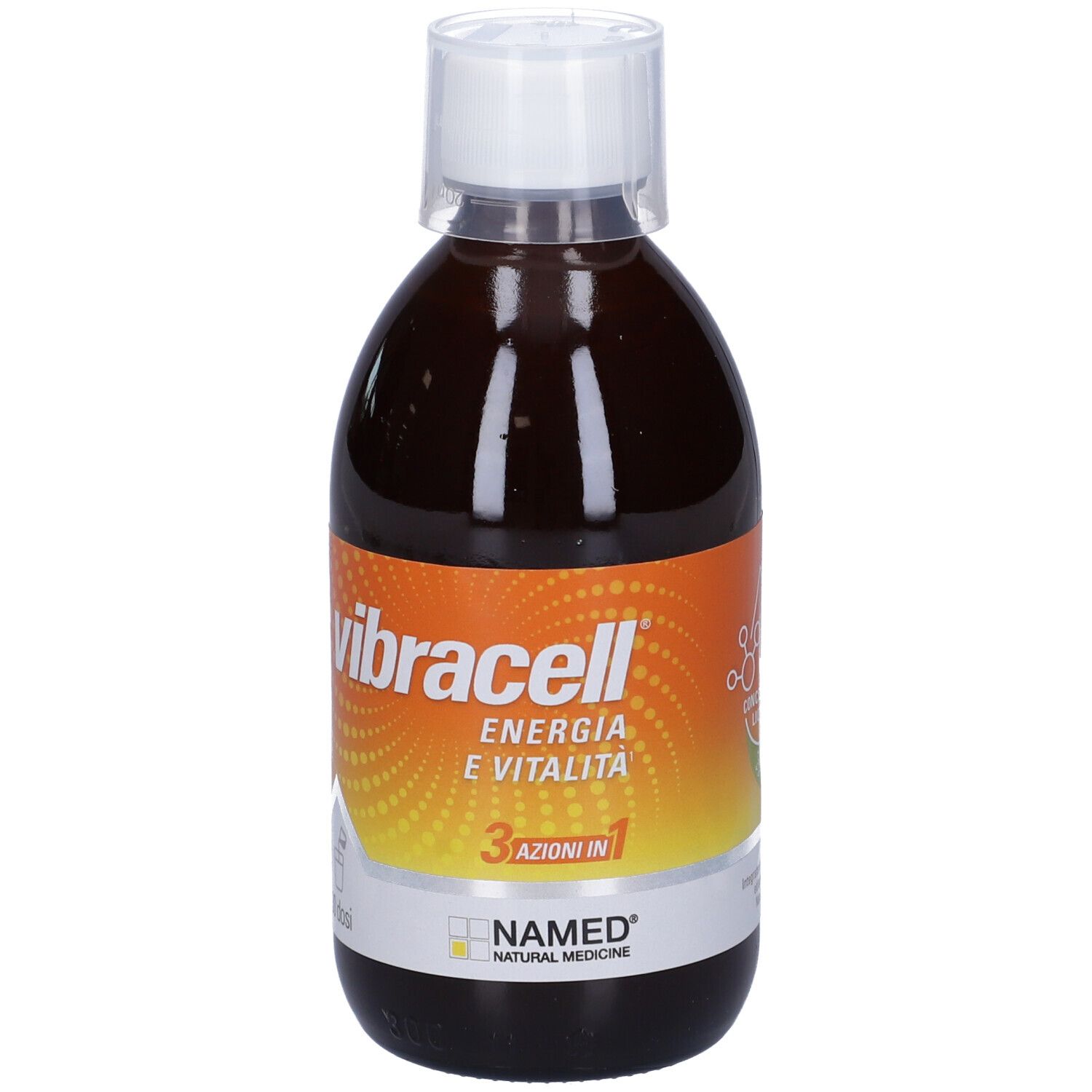 Braune Flüssigkeit in einer Flasche mit weißem Verschluss. Aufschrift: vibracell, Energie e Vitalità, 3 azioni in 1. Marke: NAMED.