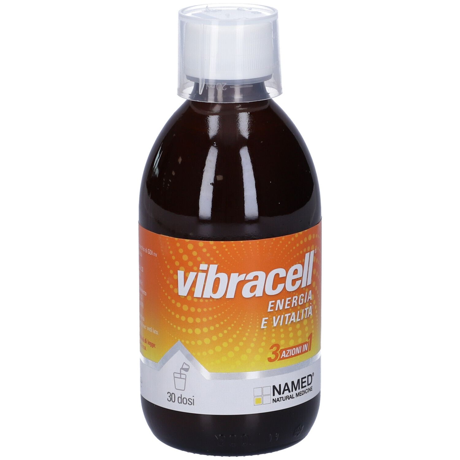 Braune Flüssigkeit in einer Flasche mit weißem Verschluss. Aufschrift: vibracell, Energie e Vitalità, 3 azioni in 1. Marke: NAMED.