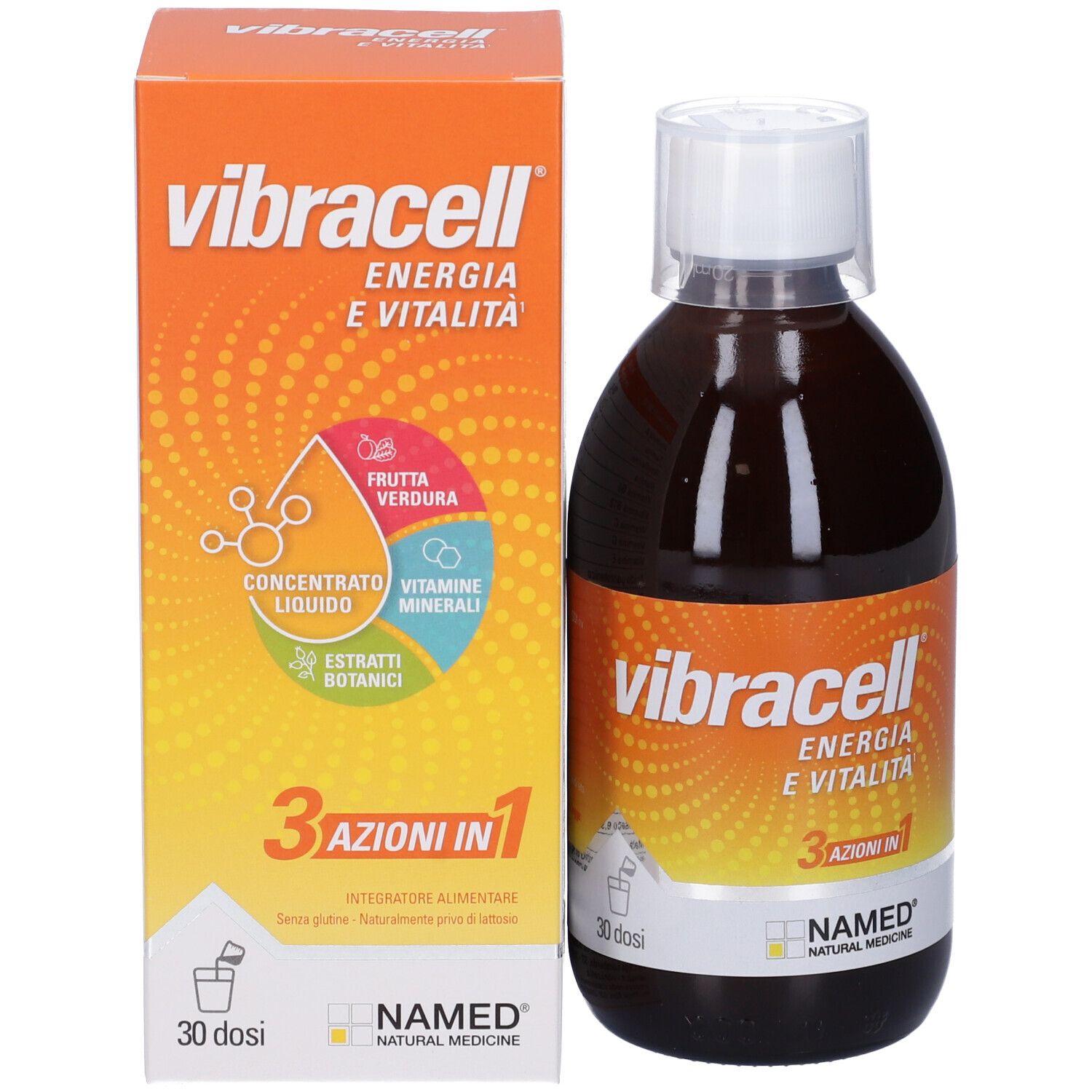 Flasche und Schachtel. Aufschrift: vibracell, Energie e Vitalità, 3 azioni in 1. Abbildung von Inhaltsstoffen. Marke: NAMED.