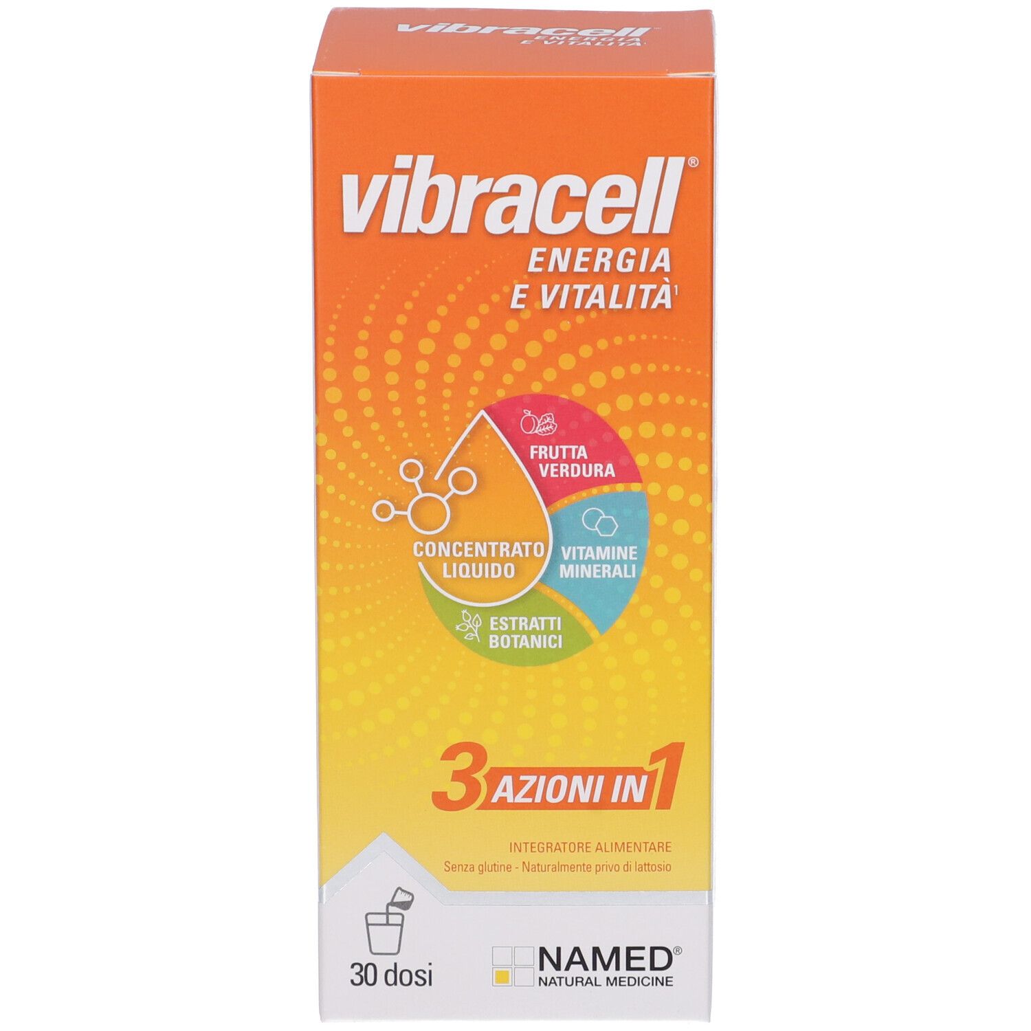 Schachtel mit Aufschrift: vibracell, Energie e Vitalità, 3 azioni in 1. Abbildung von Inhaltsstoffen. Marke: NAMED.