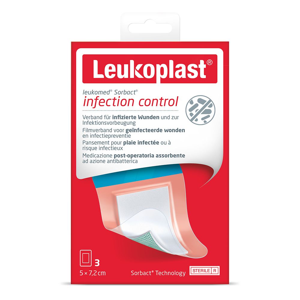 Verpackung von Leukoplast Leukomed Sorbact. Rote Schachtel mit Produktabbildung und Text. Enthält 3 Verbände, 5x7,2 cm.
