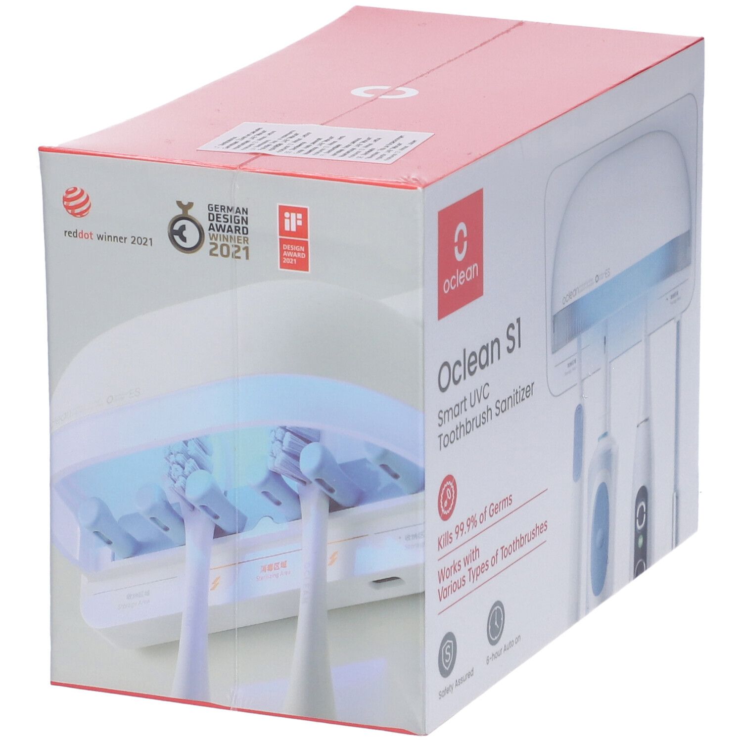 Verpackung des Oclean S1 Smart UVC Zahnbürsten-Sterilisators. Auszeichnungen: Red Dot, German Design Award, iF Design Award.