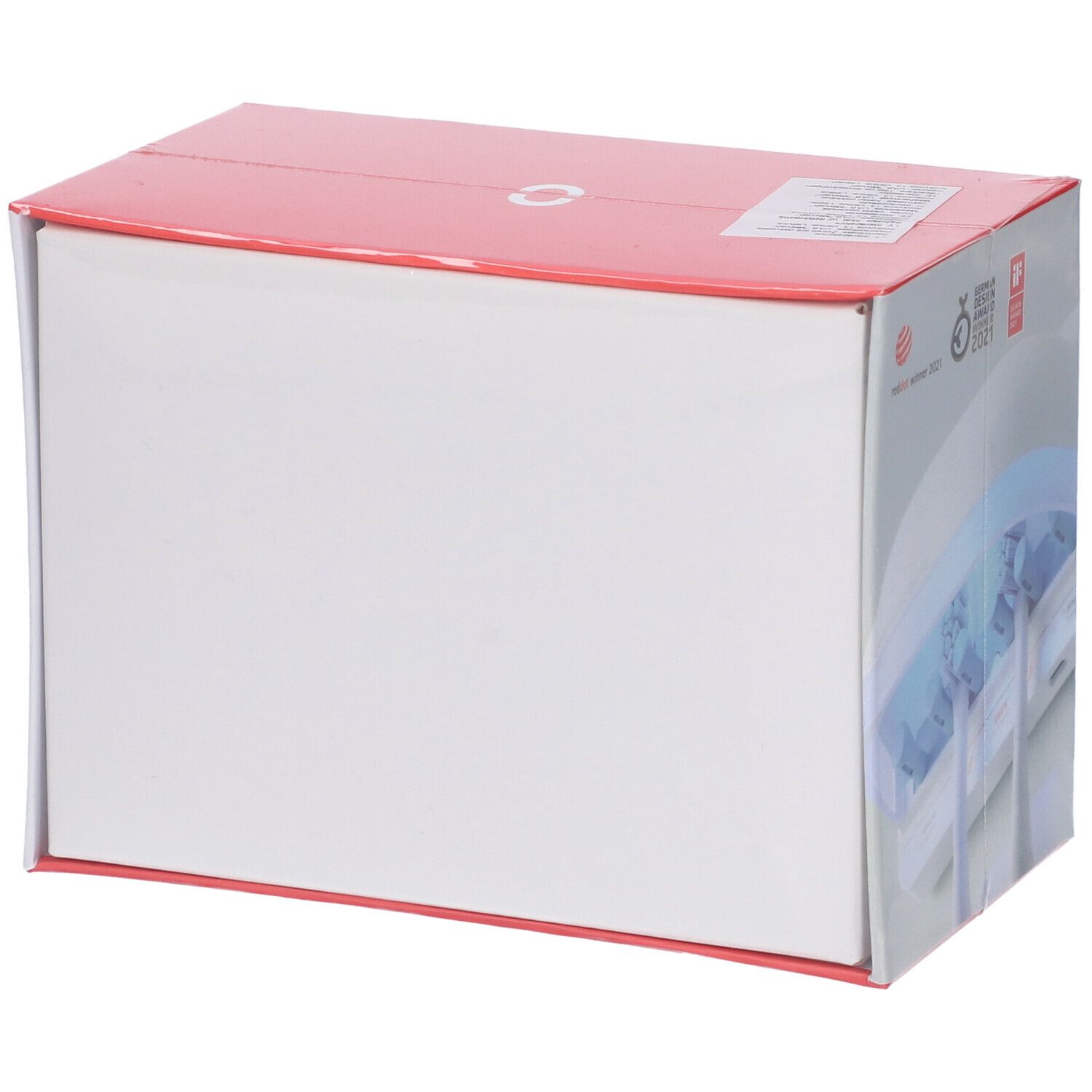 Geschlossene Verpackung des Oclean S1 Zahnbürsten-Sterilisators. Rote und weiße Farbgebung.