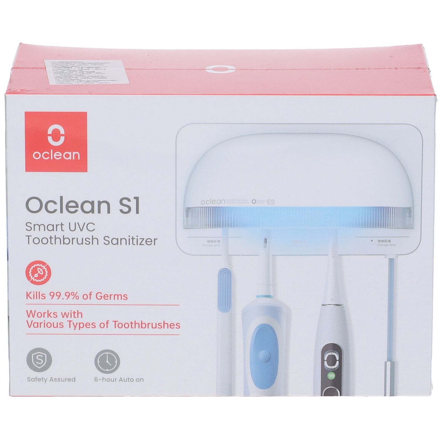 Oclean S1 Smart UVC Zahnbürsten-Sterilisator in der Verpackung. Sterilisator mit drei Zahnbürsten.