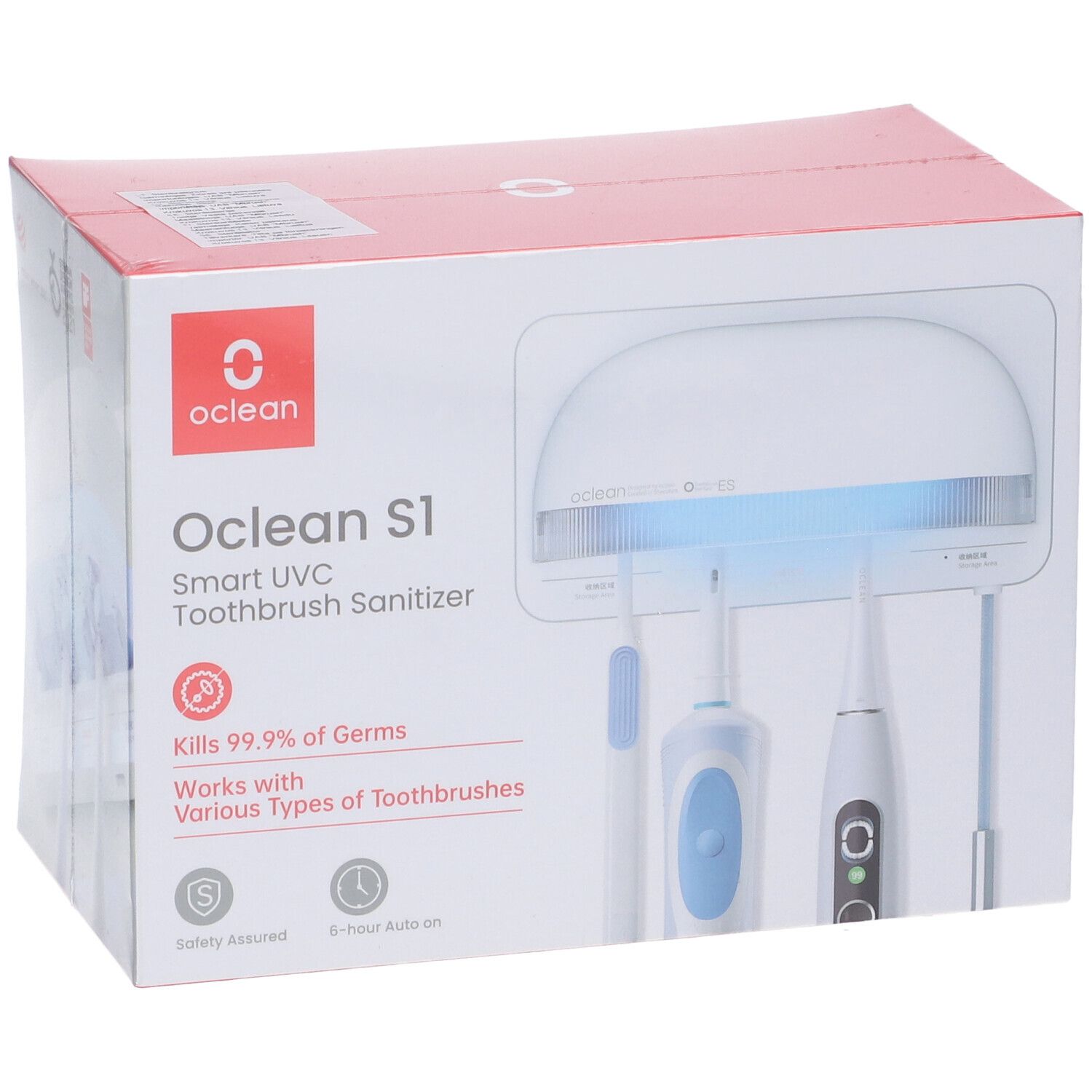 Oclean S1 Smart UVC Zahnbürsten-Sterilisator in der Verpackung. Produktansicht mit drei Zahnbürsten.