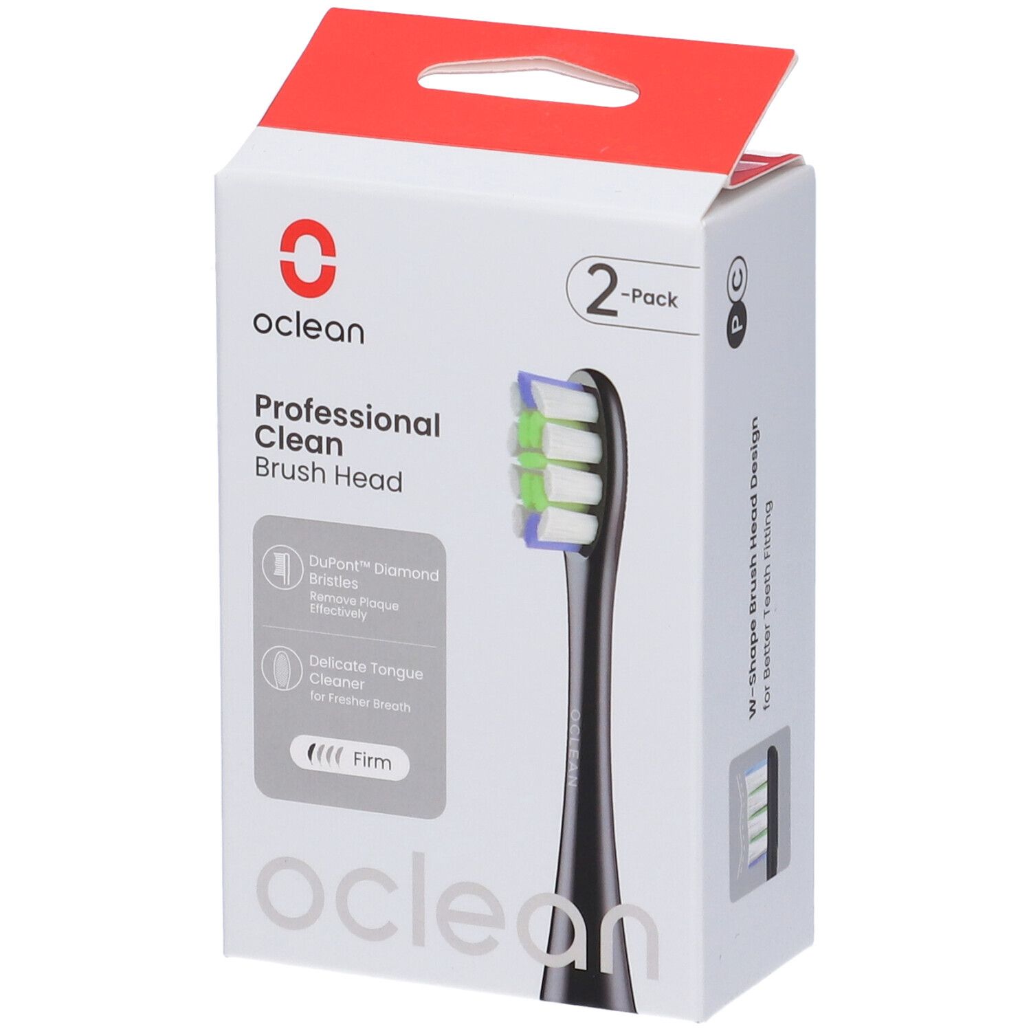Oclean Bürstenkopf Prof. Clean, 2er Pack. Schwarzer Bürstenkopf mit grünen und weißen Borsten, in Verpackung.