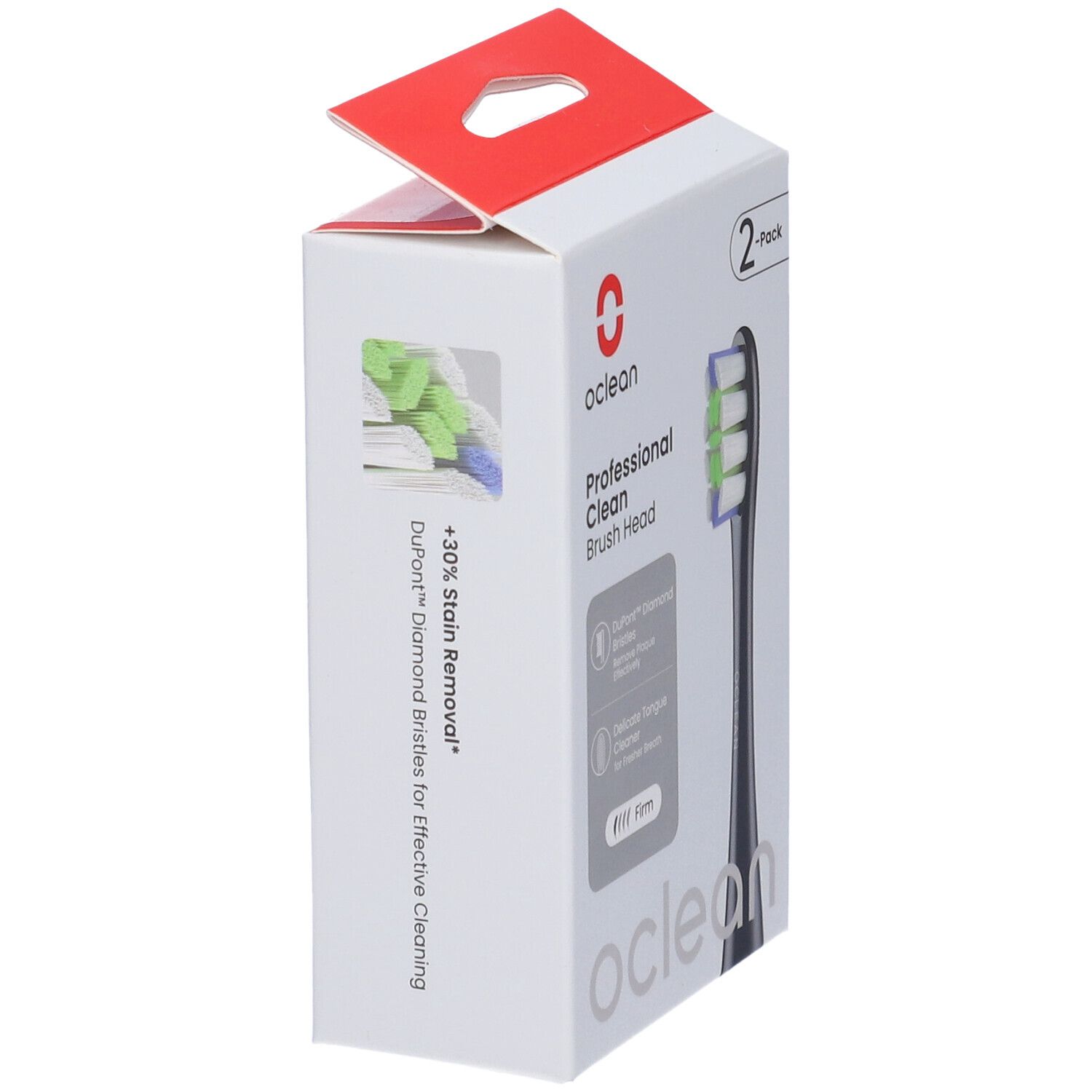 Oclean Bürstenkopf Prof. Clean, 2er Pack. Verpackung mit Produktabbildung und Produktinformationen.