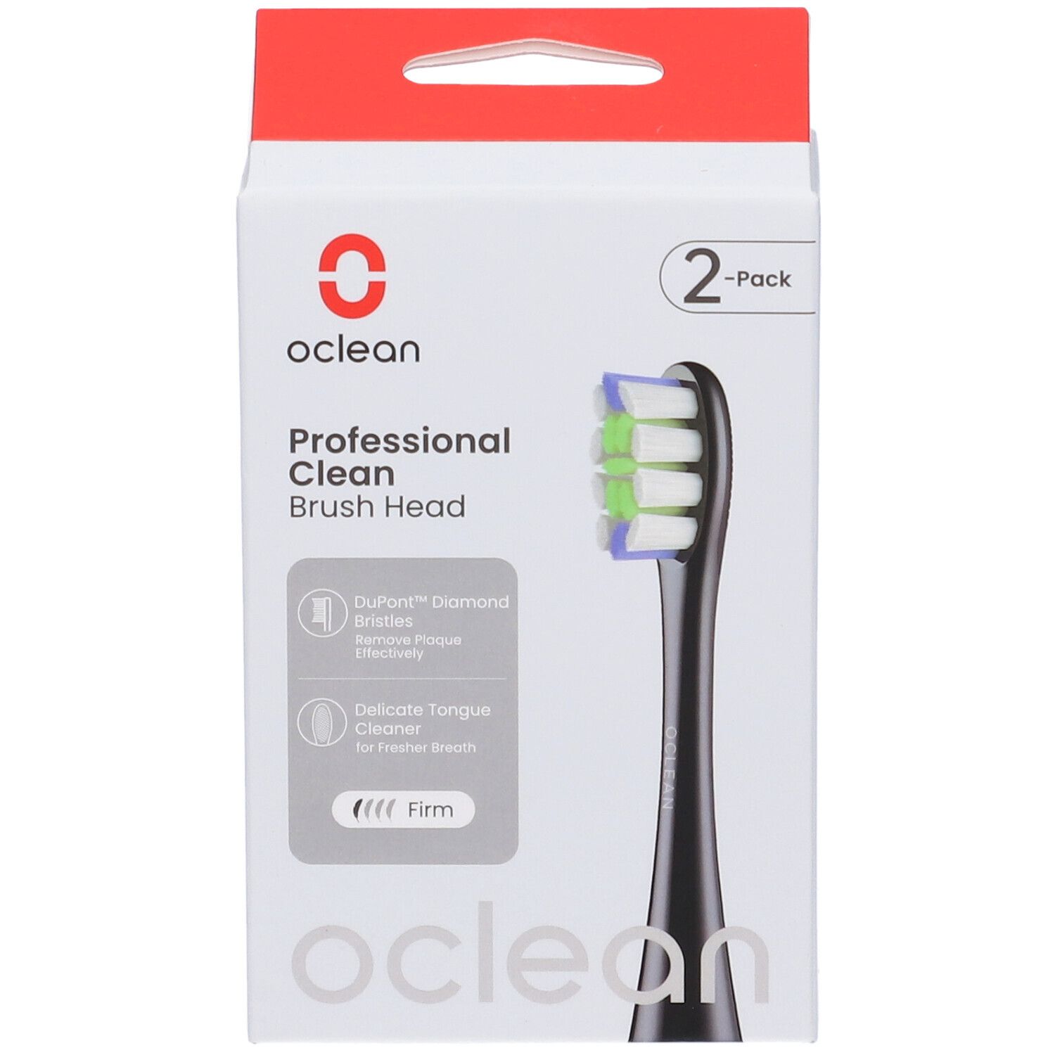 Oclean Bürstenkopf Prof. Clean, 2er Pack. Schwarzer Bürstenkopf mit grünen und weißen Borsten, in Verpackung.