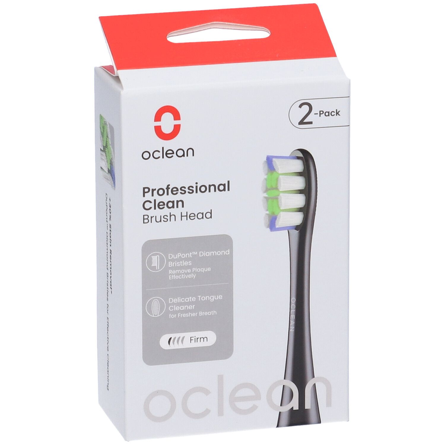Oclean Bürstenkopf Prof. Clean, 2er Pack. Schwarzer Bürstenkopf mit grünen und weißen Borsten, in Verpackung.