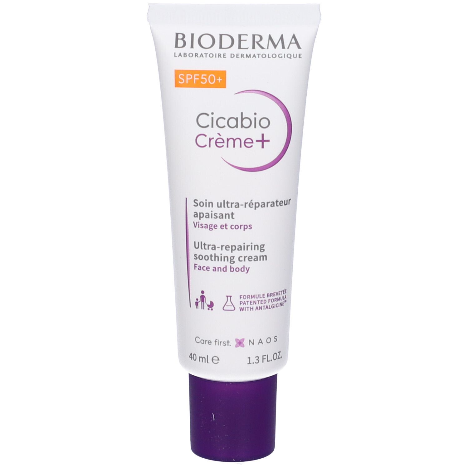 Tubo bianco con tappo viola. Scritta: Bioderma, Cicabio Crème+ SPF50. Testo: Crema ultra-riparatrice lenitiva viso e corpo.