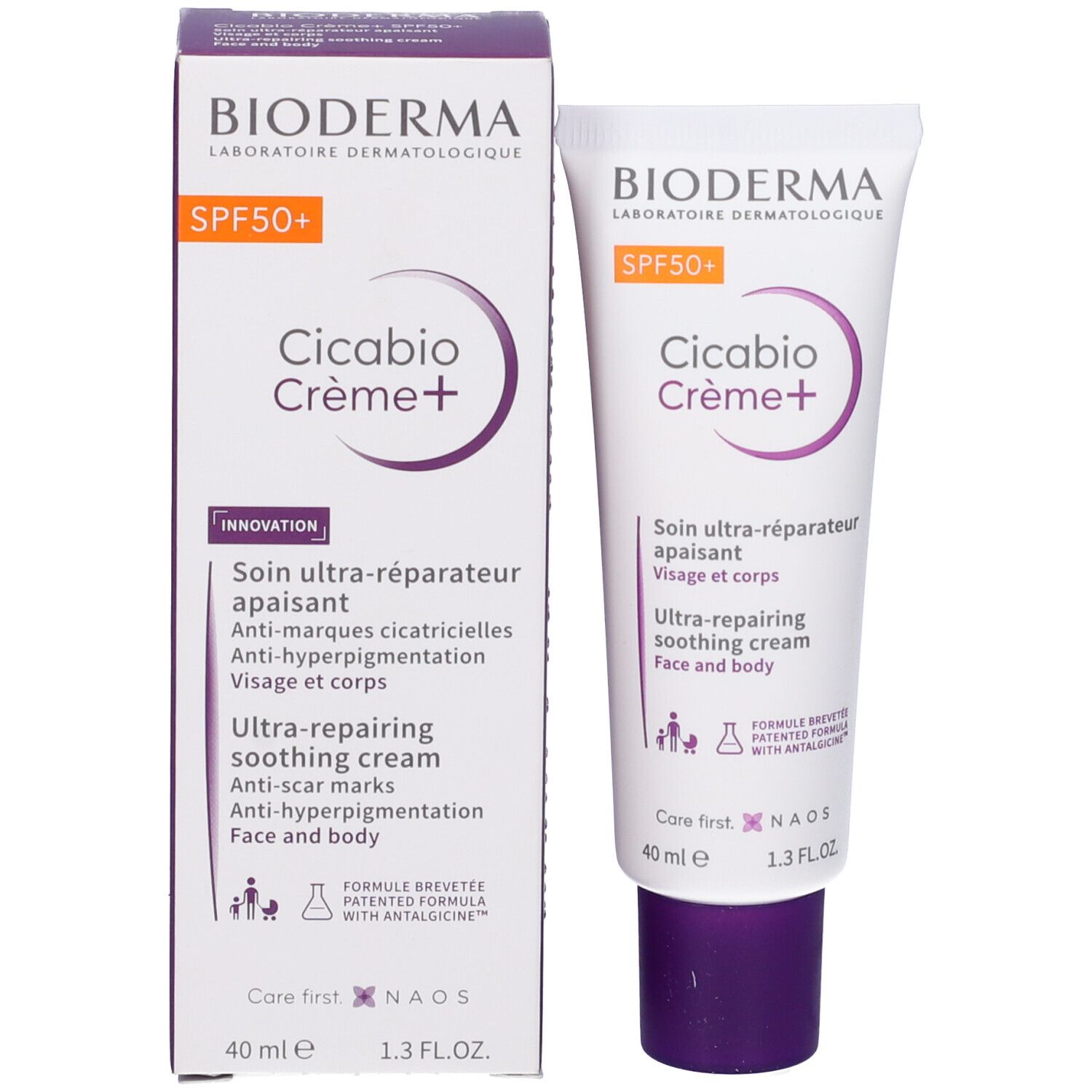 Confezione del prodotto: scatola e tubo. Scatola: Bioderma, Cicabio Crème+ SPF50. Tubo: stessa scritta. Entrambi bianchi con accenti viola.