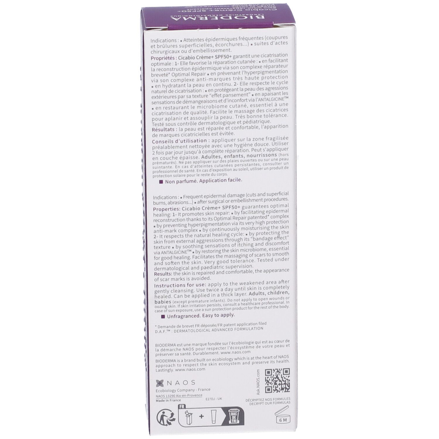 Vista laterale della scatola. Testo multilingue: istruzioni per l'uso, ingredienti, informazioni del produttore. Viola e bianco.