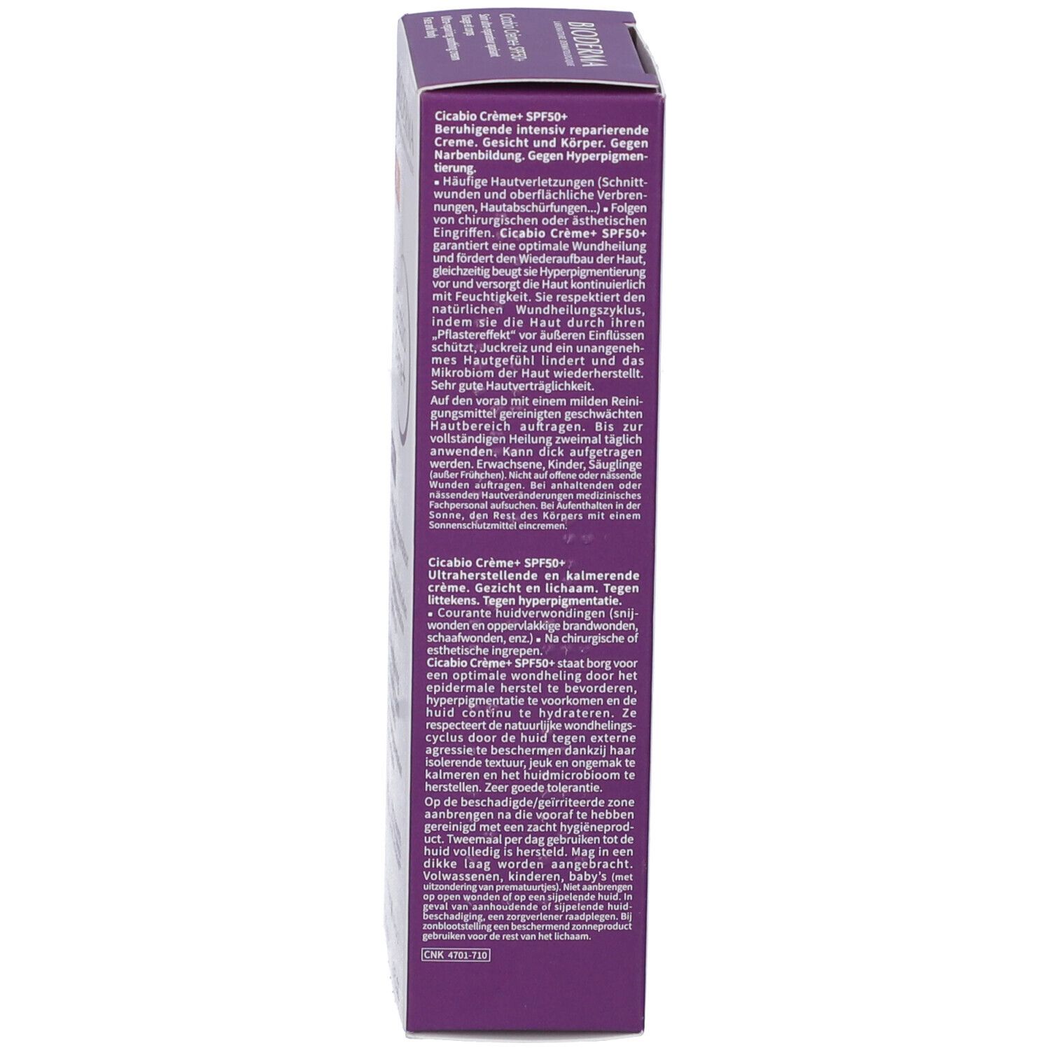 Vista laterale della scatola. Testo multilingue: istruzioni per l'uso, ingredienti, informazioni del produttore. Viola e bianco.