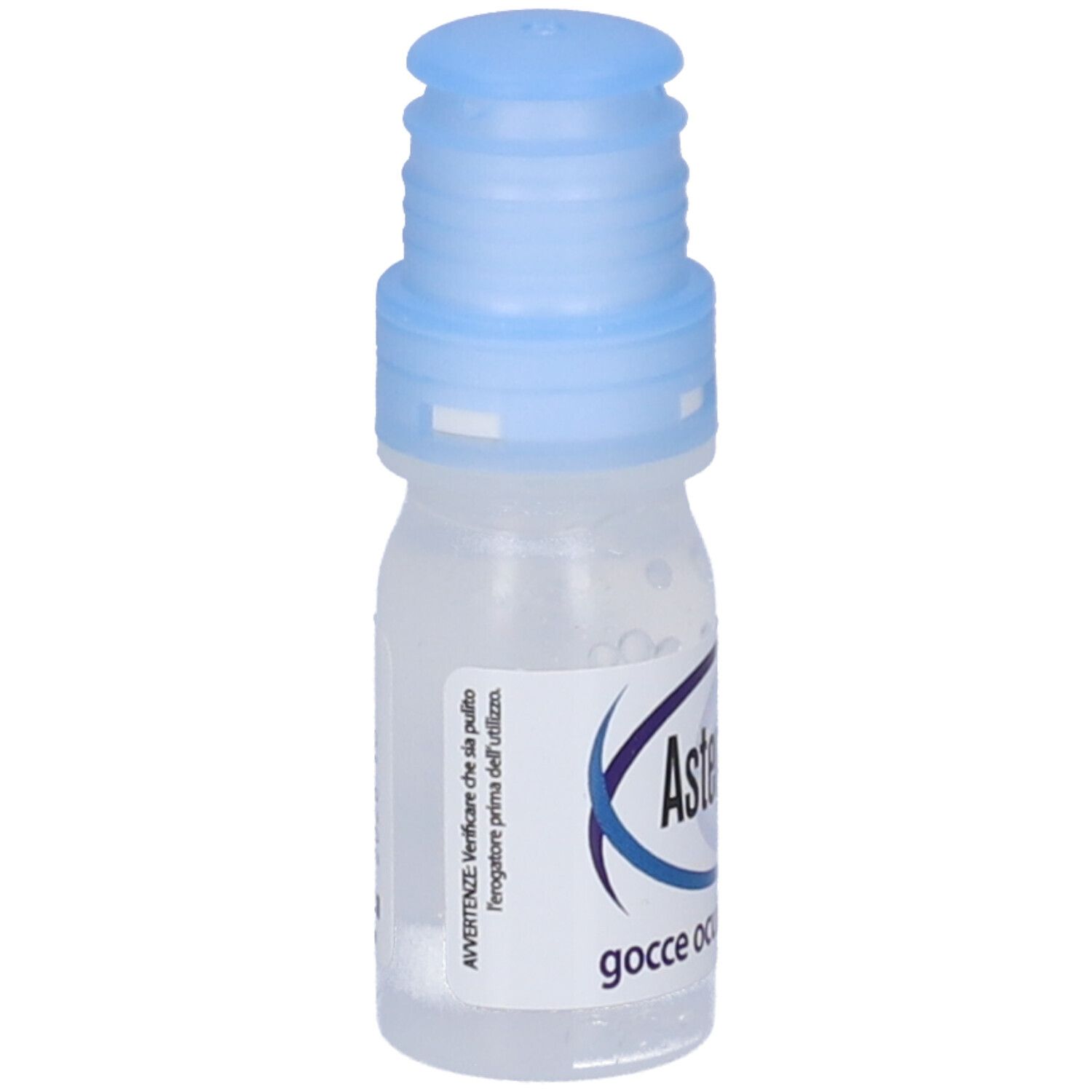Augentropfen-Fläschchen mit blauem Verschluss. Aufschrift: Astenomirt, gocce oculari.