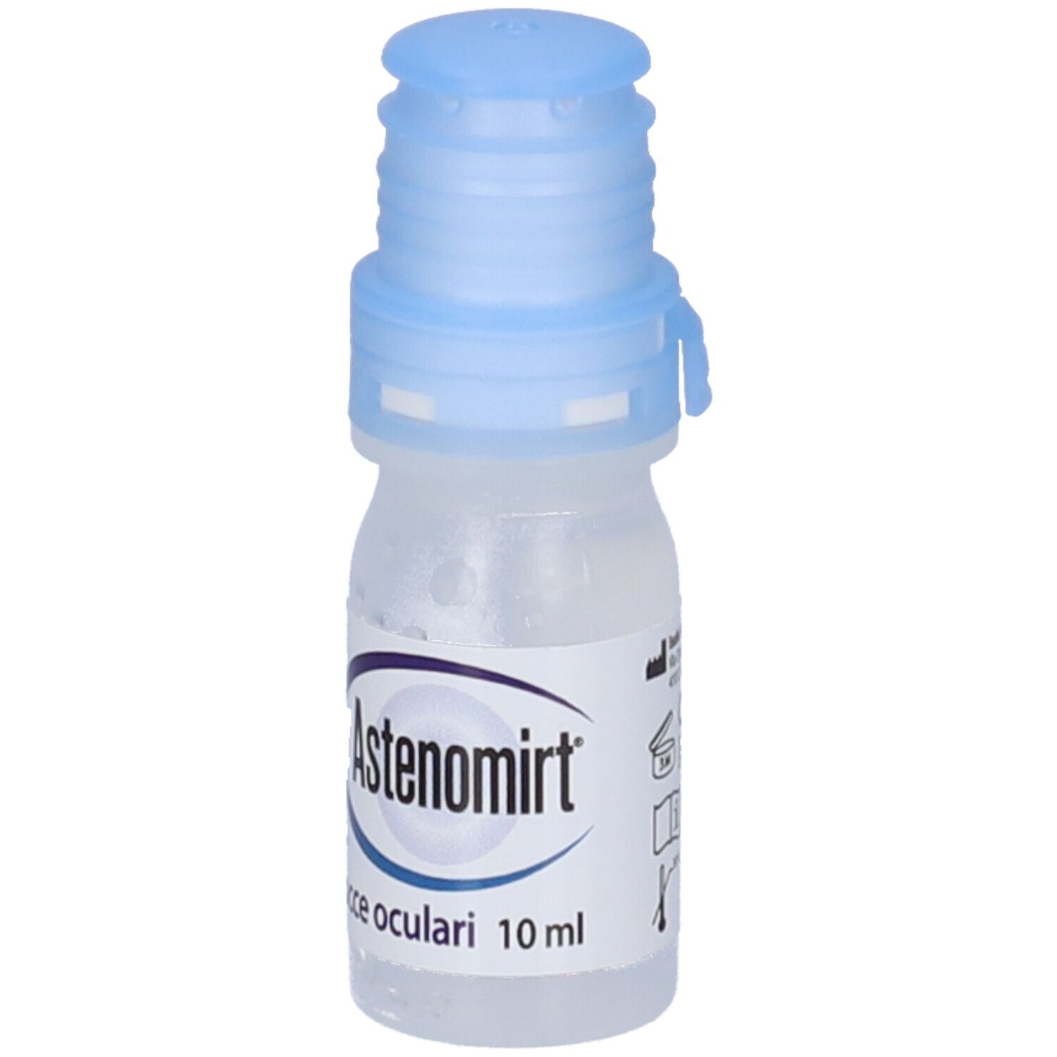 Augentropfen-Fläschchen mit blauem Verschluss. Aufschrift: Astenomirt, gocce oculari 10 ml.