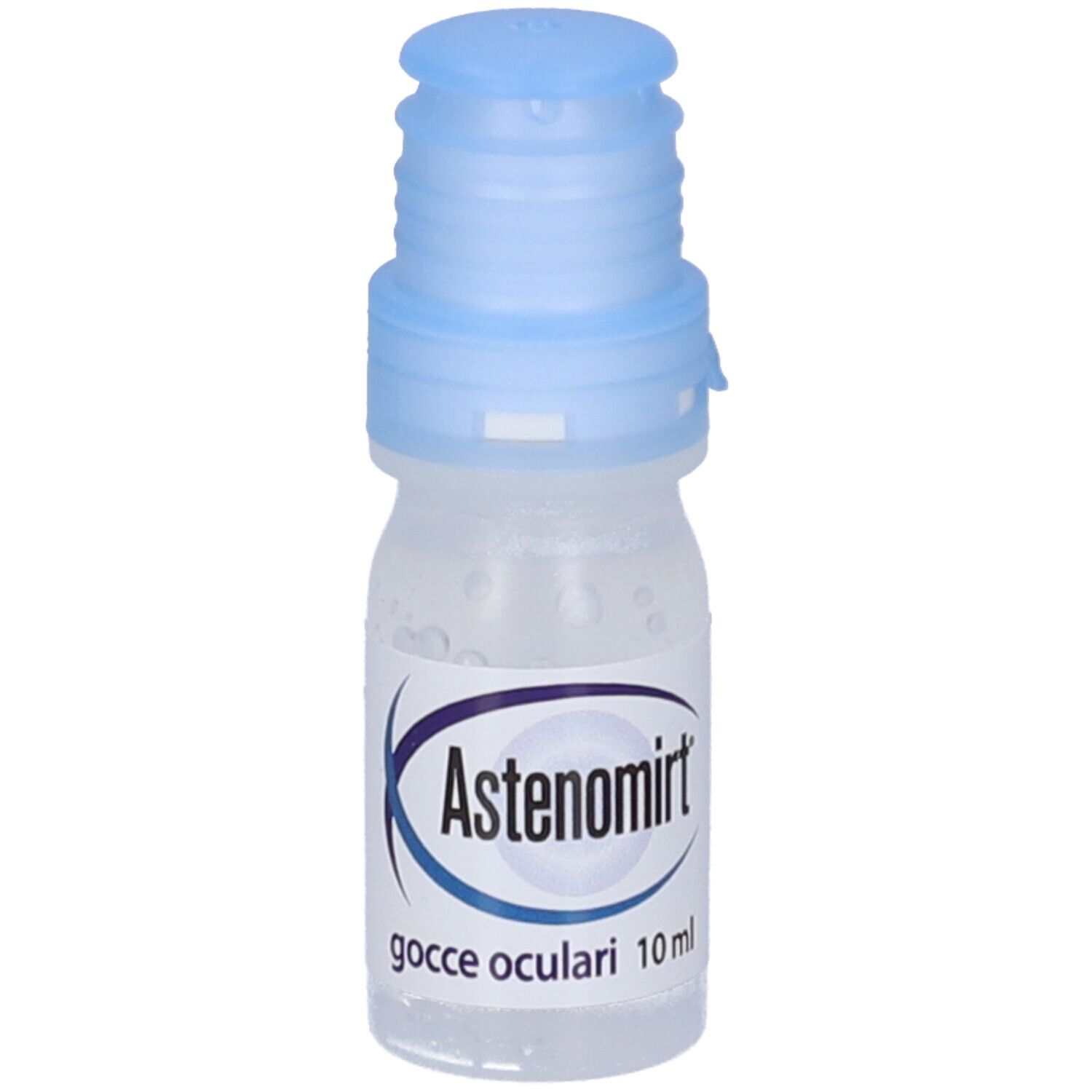 Augentropfen-Fläschchen mit blauem Verschluss. Aufschrift: Astenomirt, gocce oculari 10 ml.