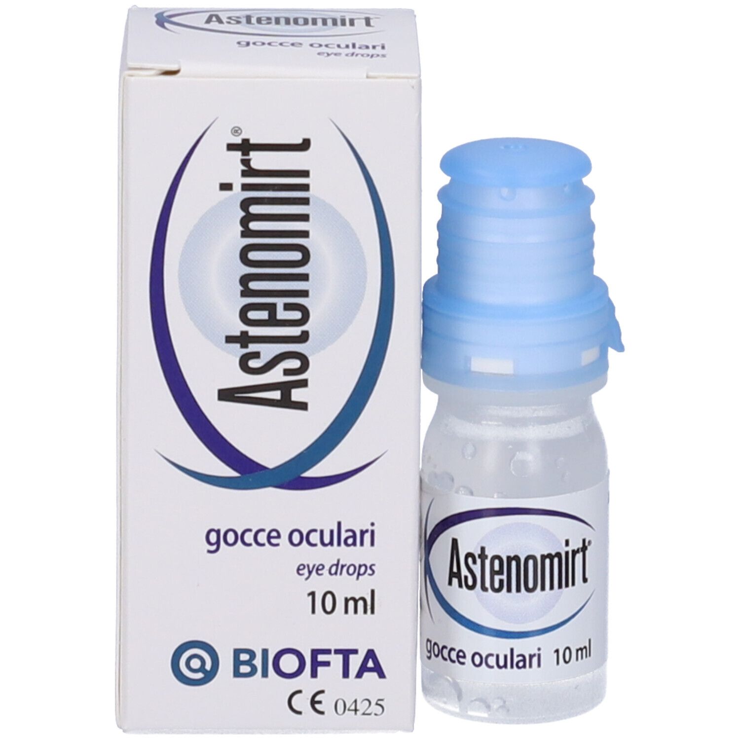 Schachtel und Fläschchen mit Augentropfen. Aufschrift: Astenomirt, gocce oculari, 10 ml.