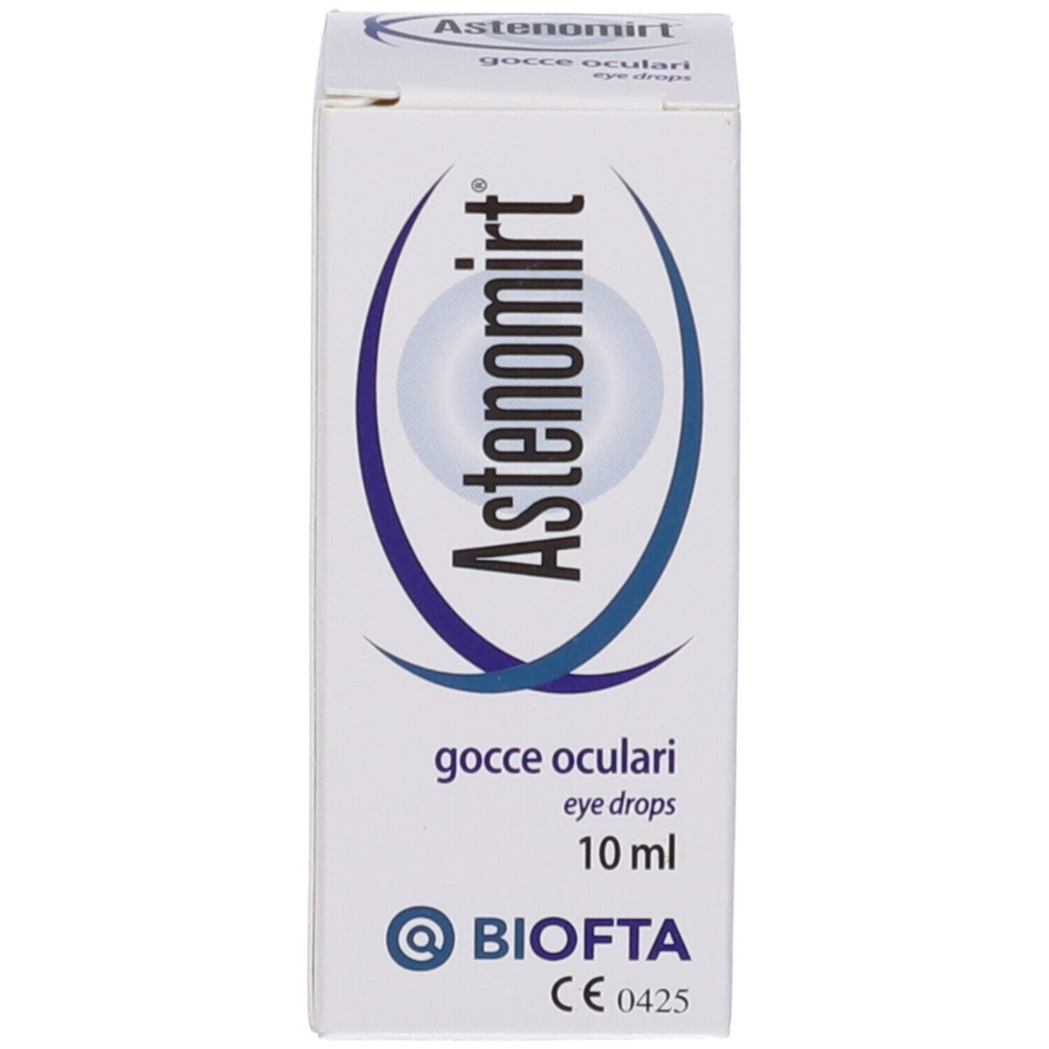 Schachtel mit Augentropfen. Aufschrift: Astenomirt, gocce oculari, eye drops, 10 ml.