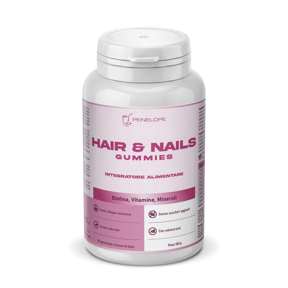 Barattolo con coperchio marrone. Scritta: Penelope Hair & Nails gummies. Contiene 50 caramelle gommose. Aroma naturale.