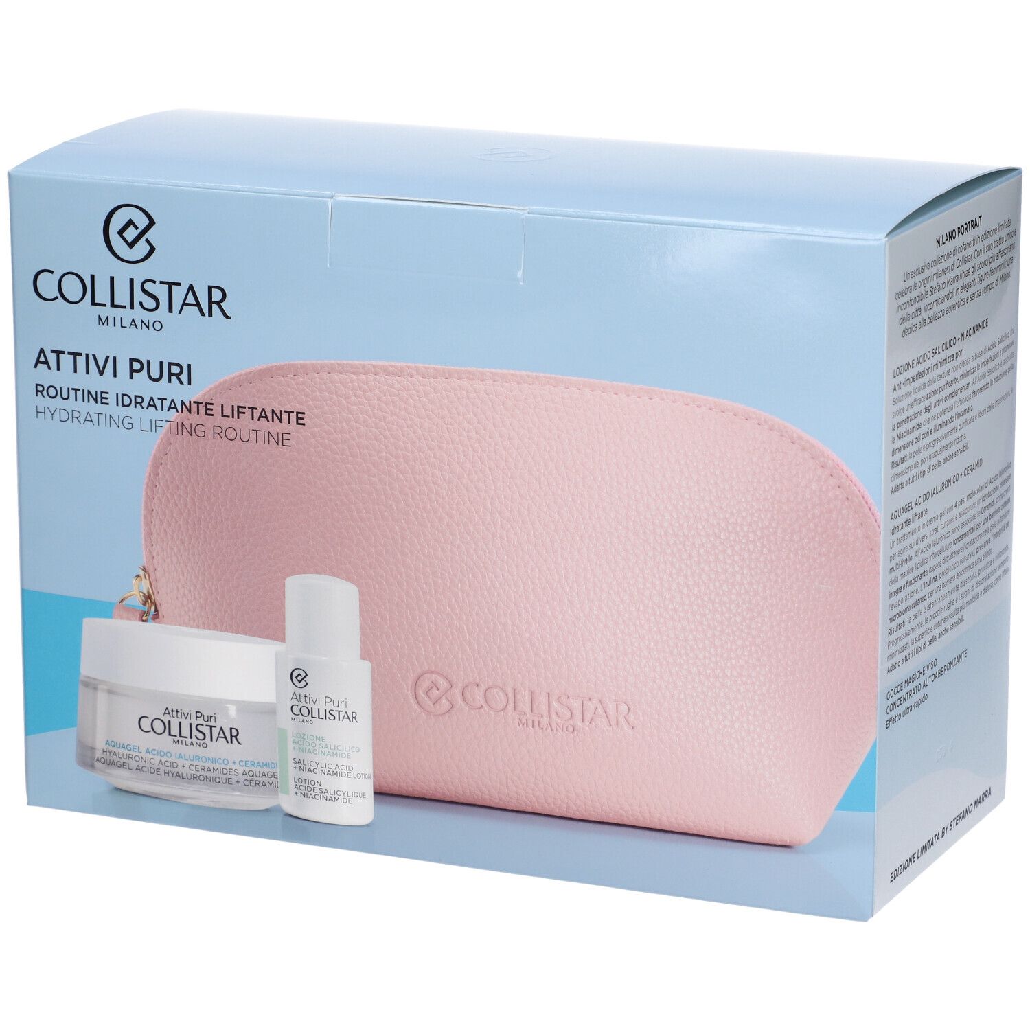Geschenkset mit rosa Kosmetiktasche, Creme und Serum. Marke: COLLISTAR MILANO. Text: ATTIVI PURI ROUTINE IDRATANTE LIFTANTE.