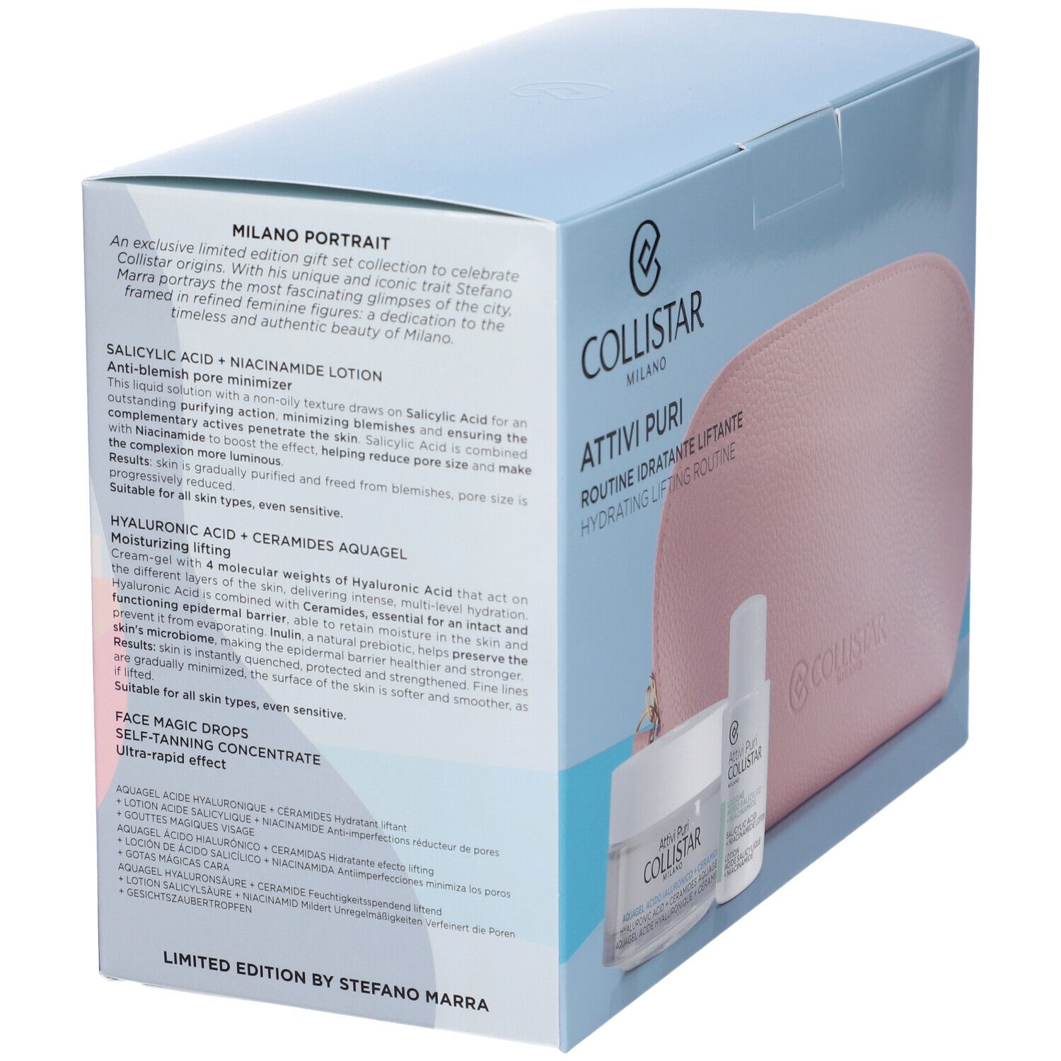 Rückseite der Geschenkbox mit Text. Enthält Produktbeschreibungen und Marke COLLISTAR MILANO. Text: ATTIVI PURI ROUTINE IDRATANTE LIFTANTE.