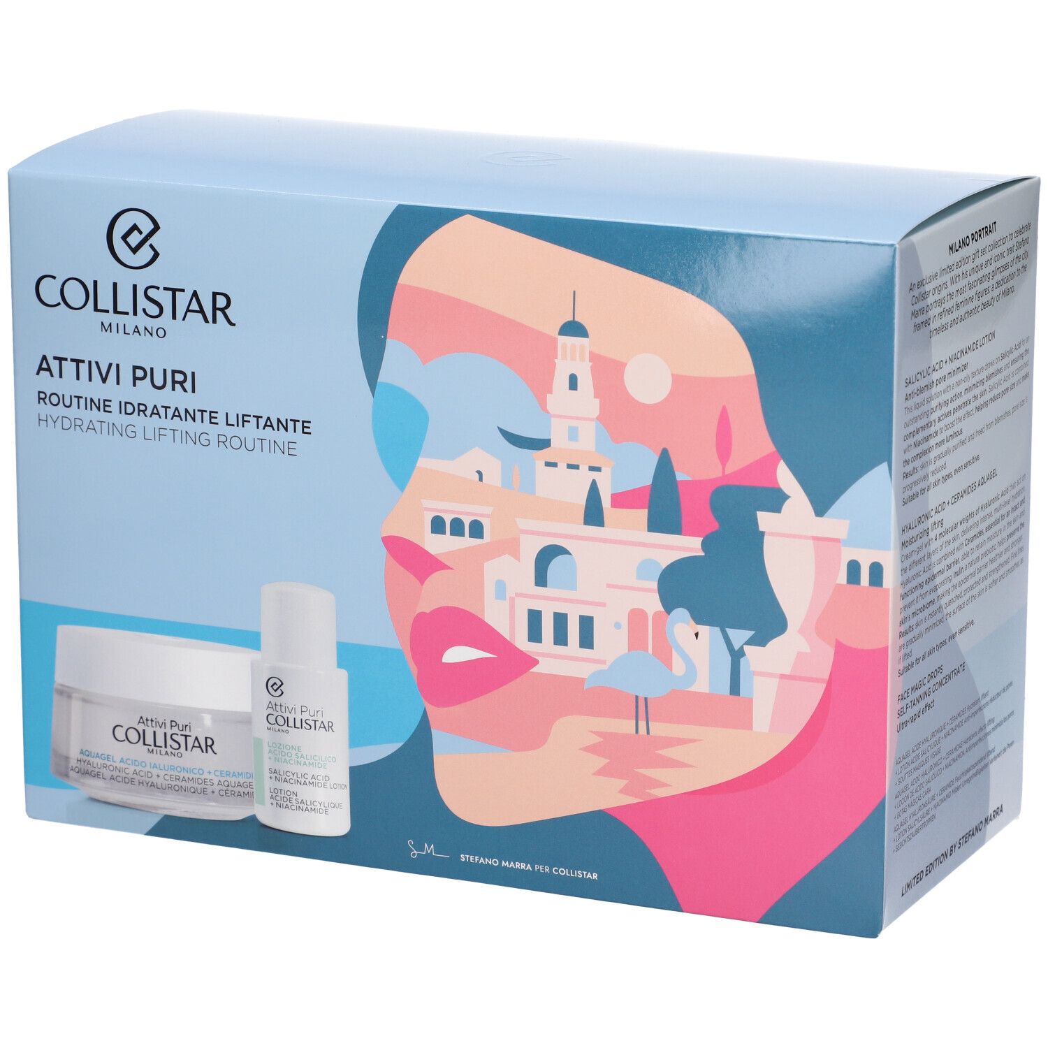Geschenkbox mit Illustration eines Gesichts und Stadtlandschaft. Enthält Creme, Serum und Kosmetiktasche. Marke: COLLISTAR MILANO.