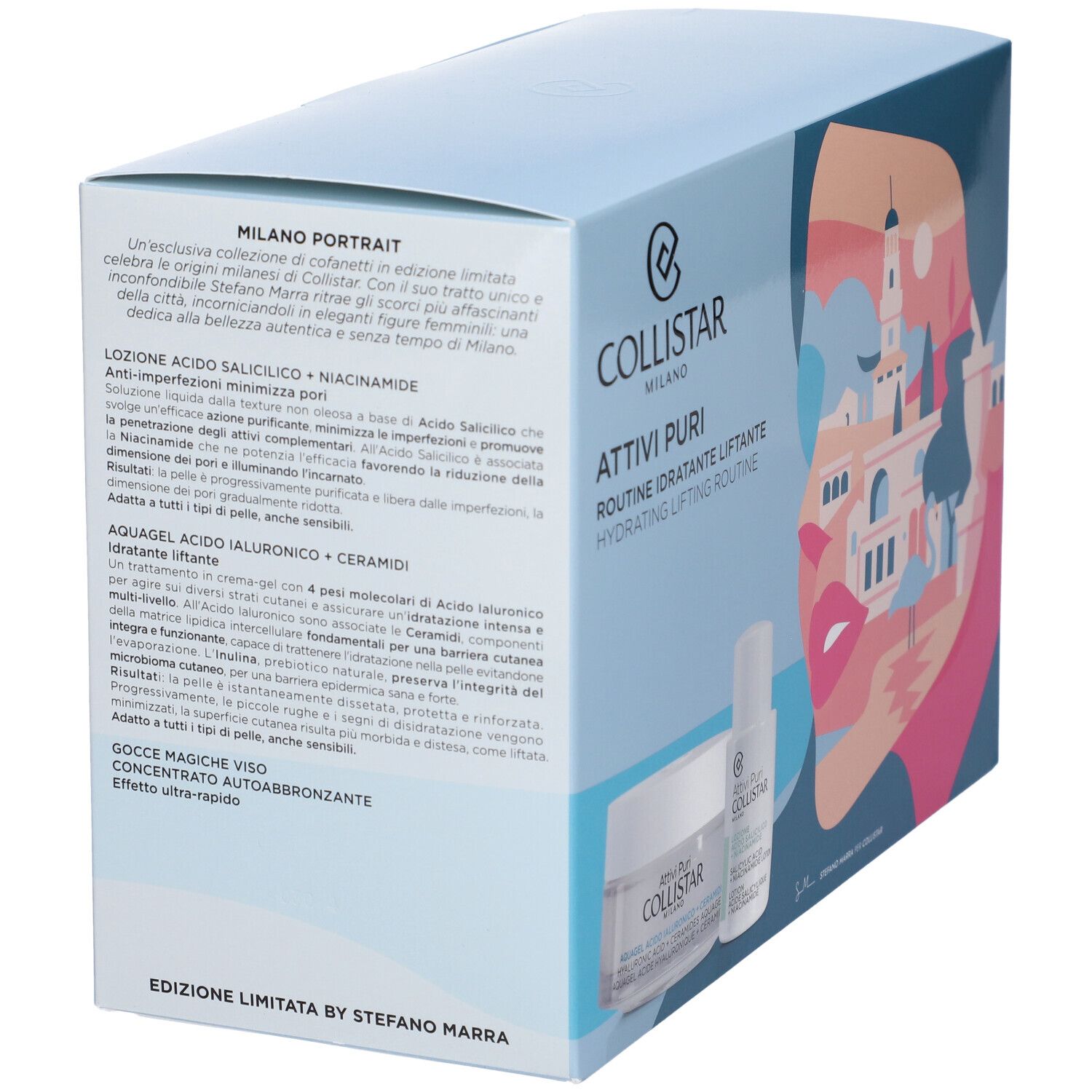 Rückseite der Geschenkbox mit Text und Illustration. Enthält Creme, Serum und Marke COLLISTAR MILANO. Text: ATTIVI PURI ROUTINE IDRATANTE LIFTANTE.