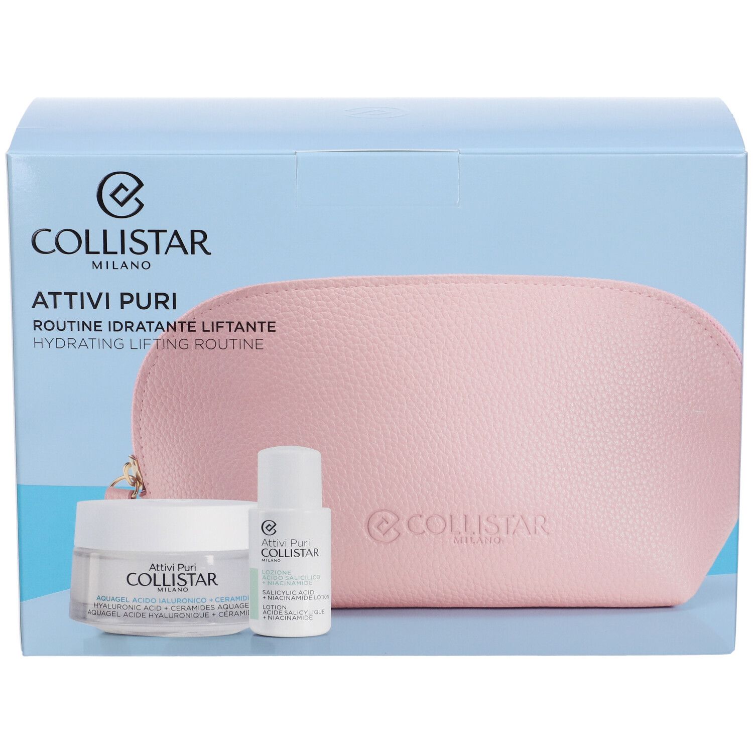 Geschenkset mit rosa Kosmetiktasche, Creme und Serum. Marke: COLLISTAR MILANO. Text: ATTIVI PURI ROUTINE IDRATANTE LIFTANTE.