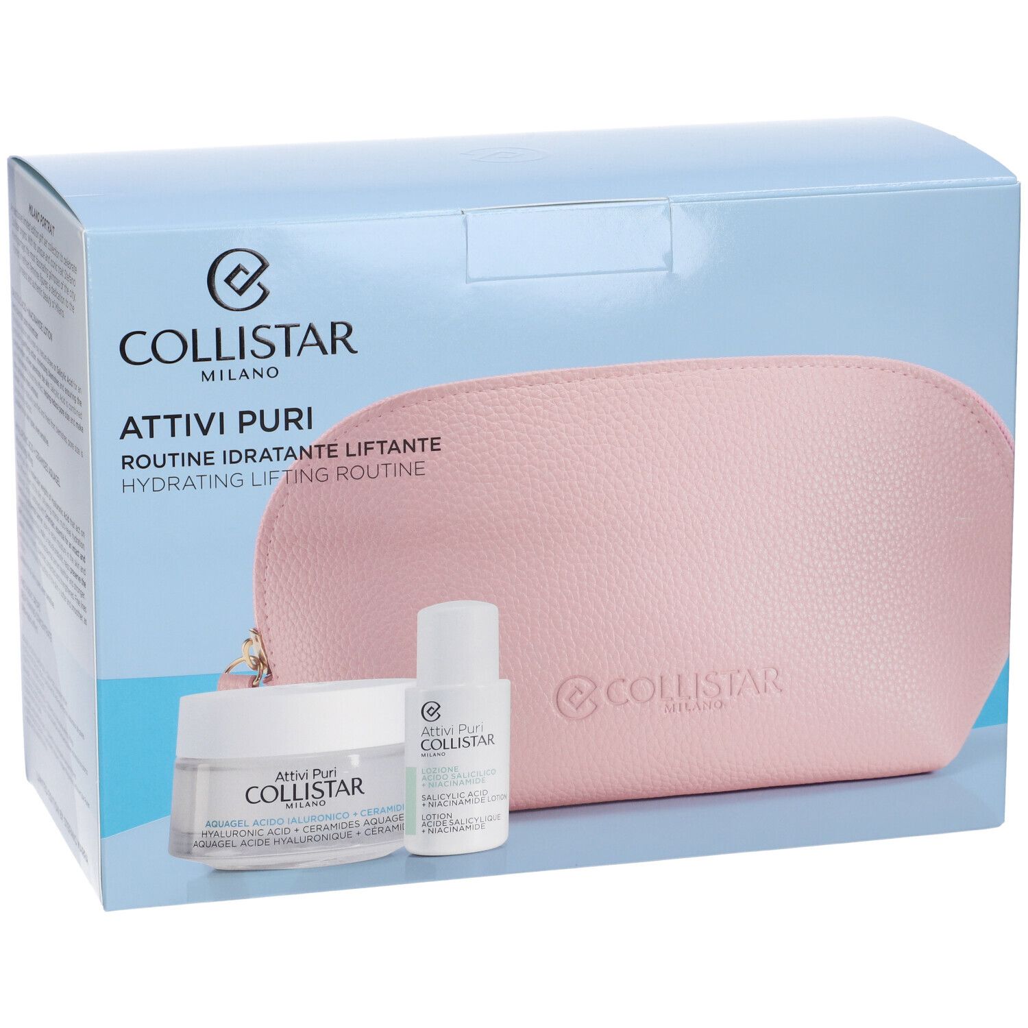 Geschenkset mit rosa Kosmetiktasche, Creme und Serum. Marke: COLLISTAR MILANO. Text: ATTIVI PURI ROUTINE IDRATANTE LIFTANTE.
