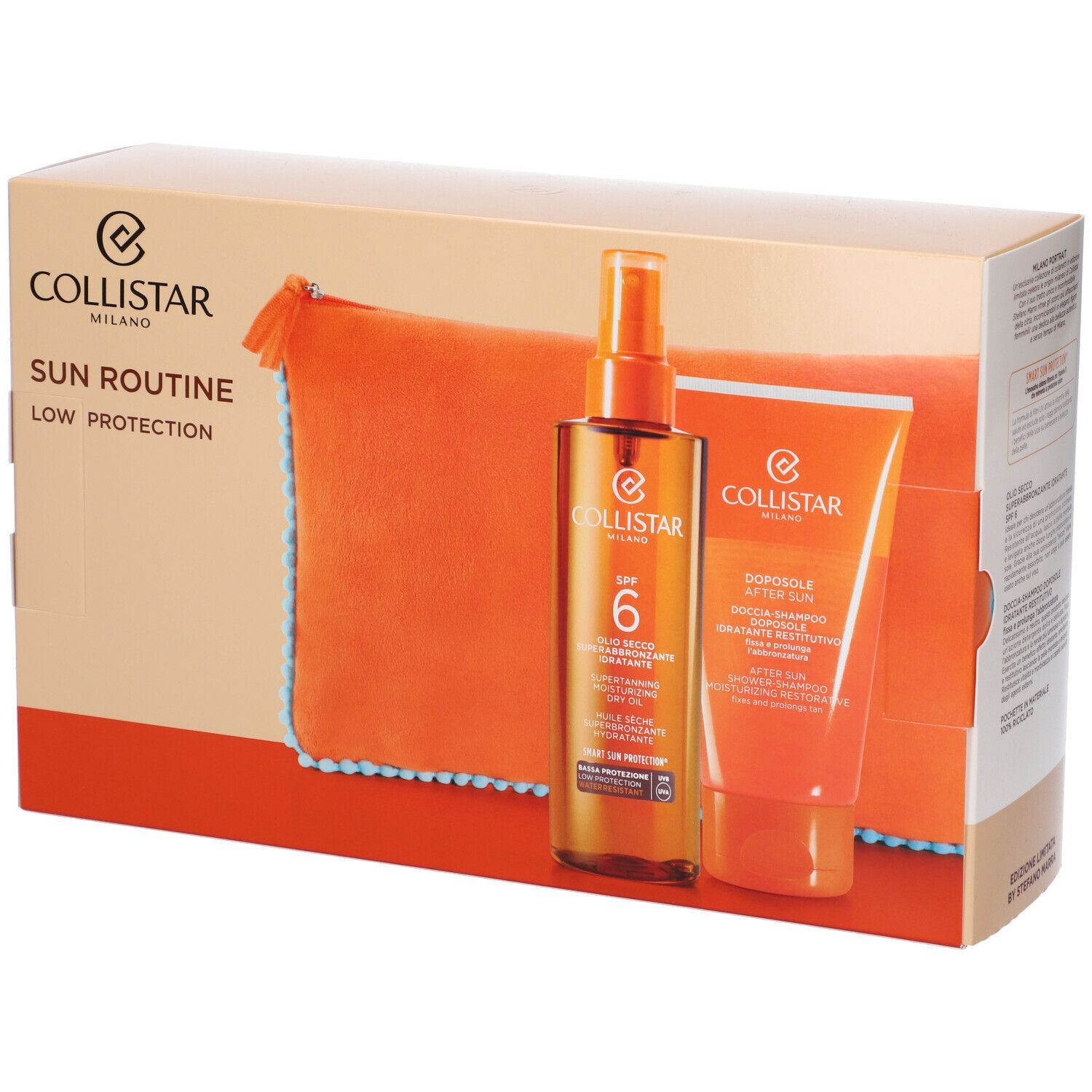 Set regalo con olio solare, doccia doposole e beauty bag. Marchio Collistar. SPF 6.