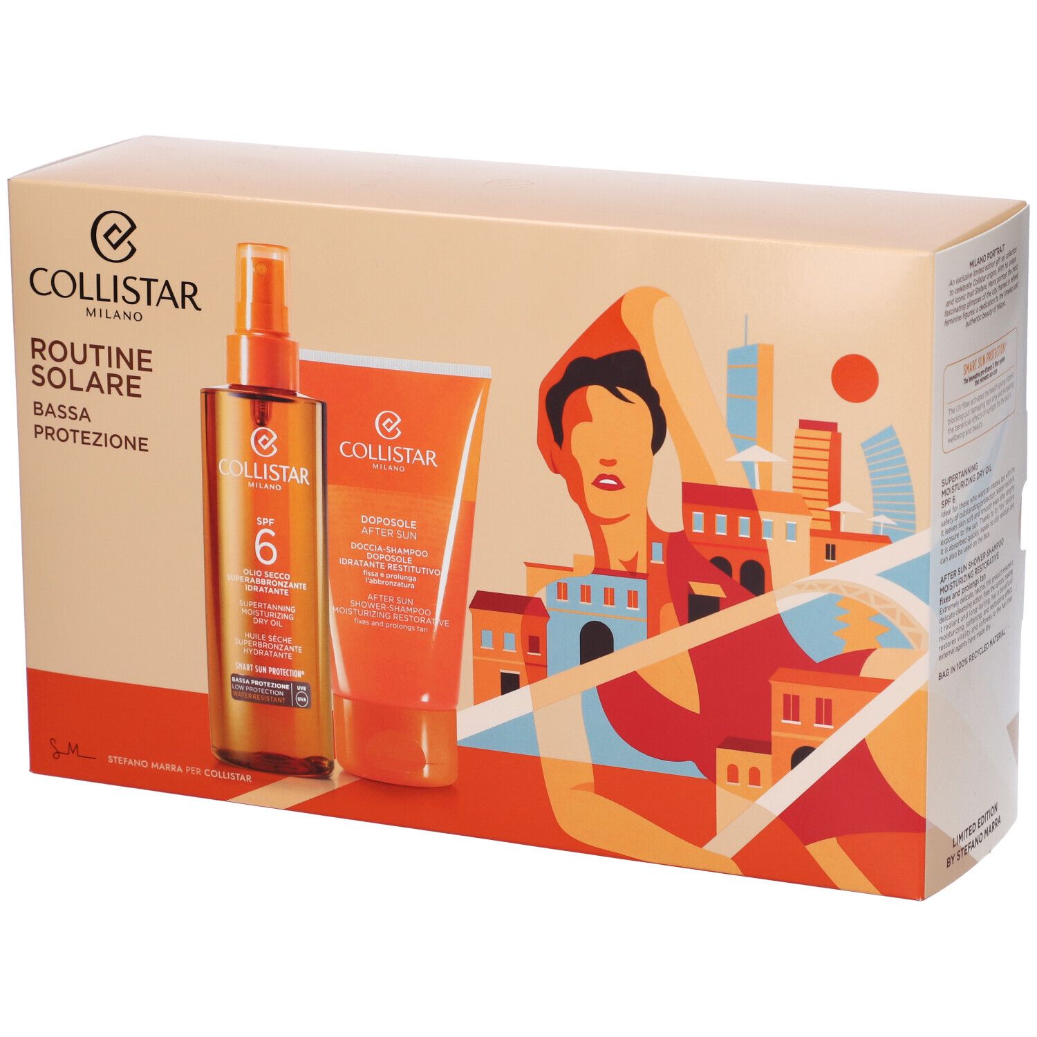 Set regalo con olio solare, doccia doposole e beauty bag. Marchio Collistar. SPF 6. Illustrazione.