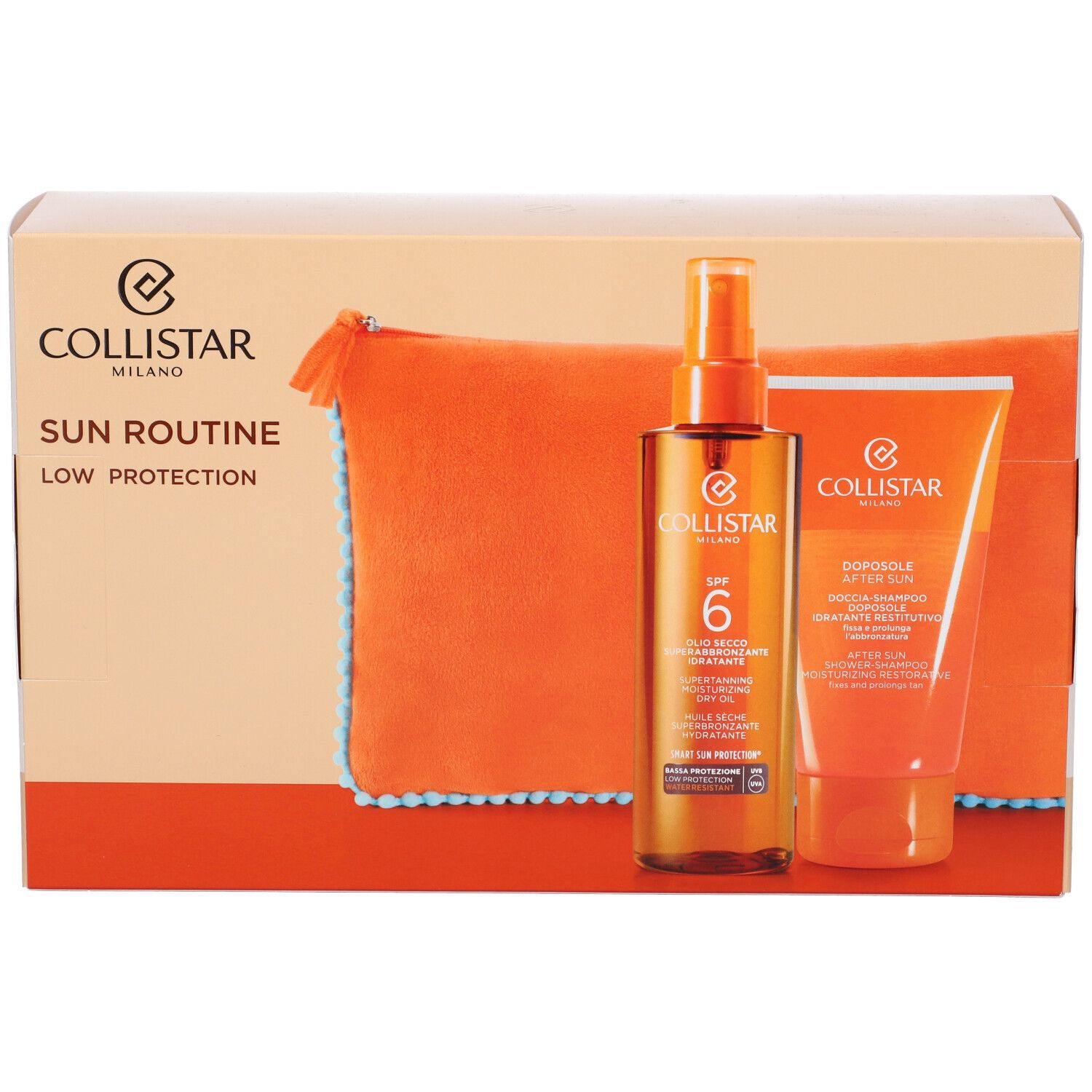 Set regalo con olio solare, doccia doposole e beauty bag. Marchio Collistar. SPF 6.