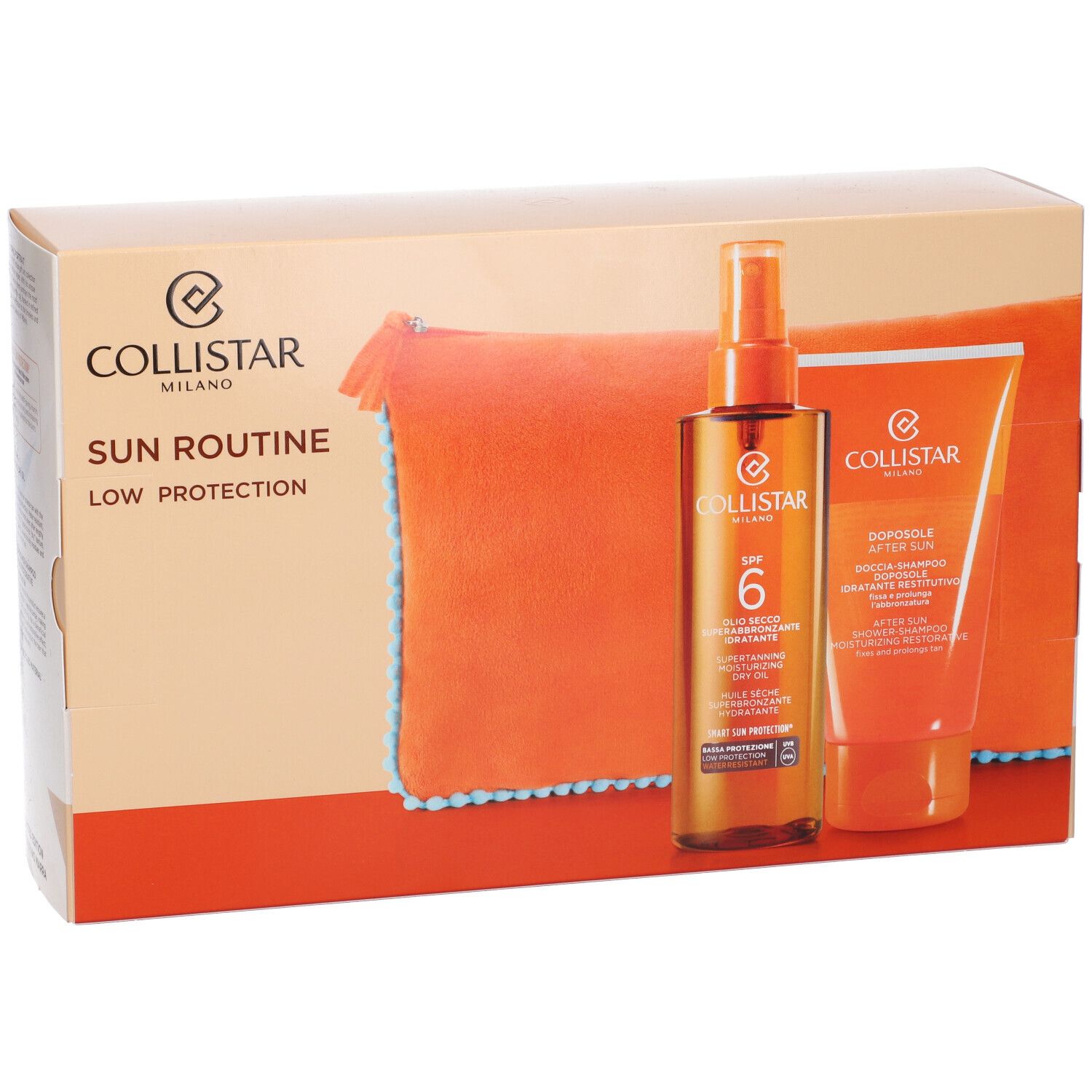Set regalo con olio solare, doccia doposole e beauty bag. Marchio Collistar. SPF 6.