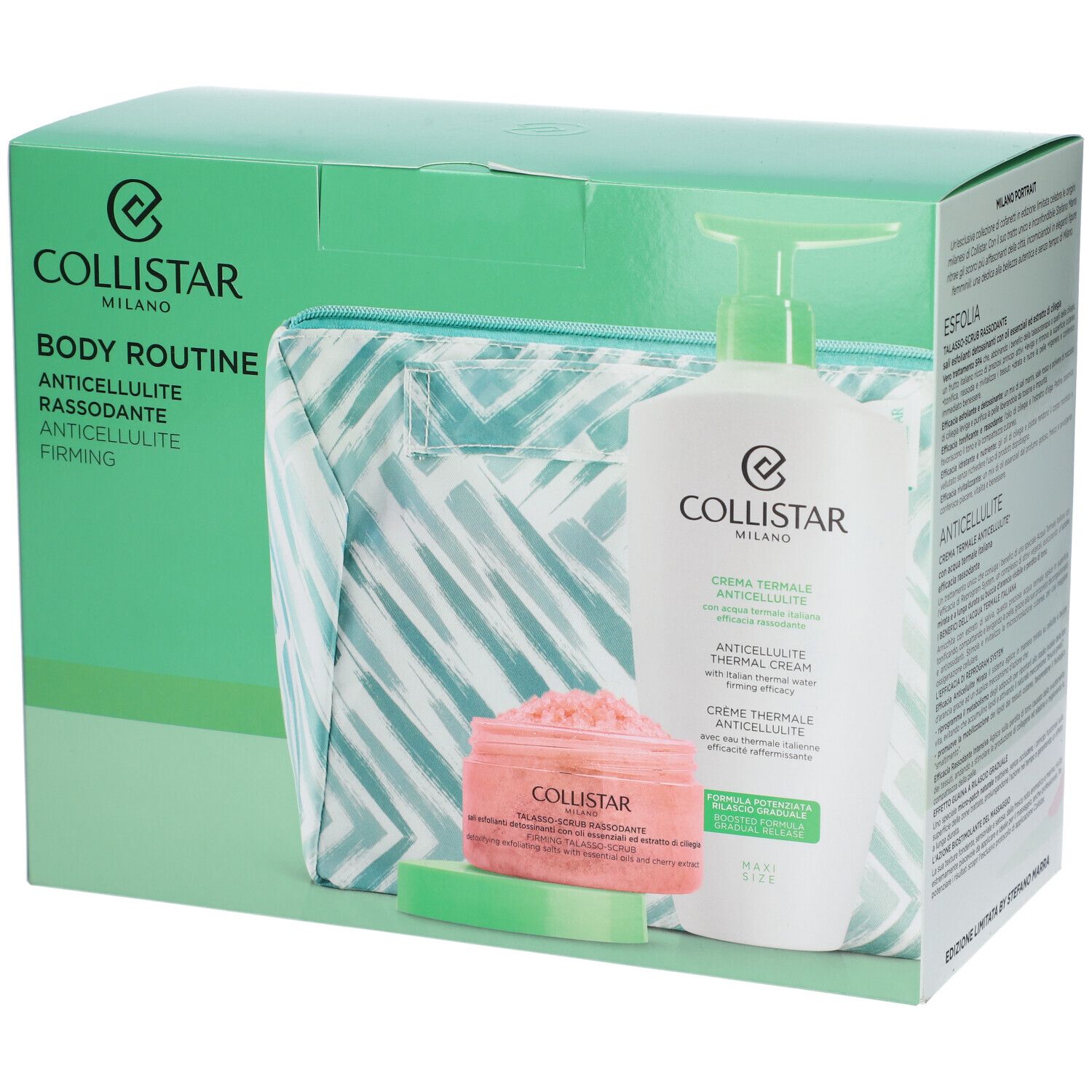 Set regalo Collistar. Include beauty bag, crema e scrub. Confezione verde e bianca.