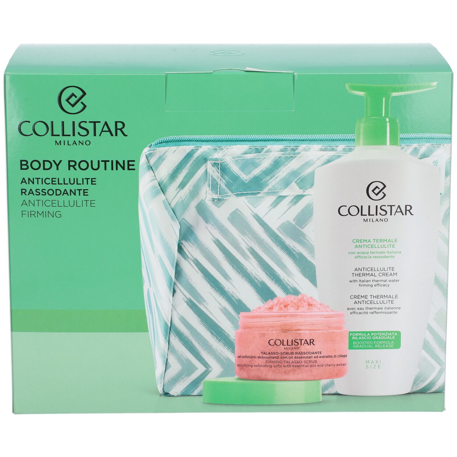 Set regalo Collistar. Include beauty bag, crema e scrub. Confezione verde e bianca.
