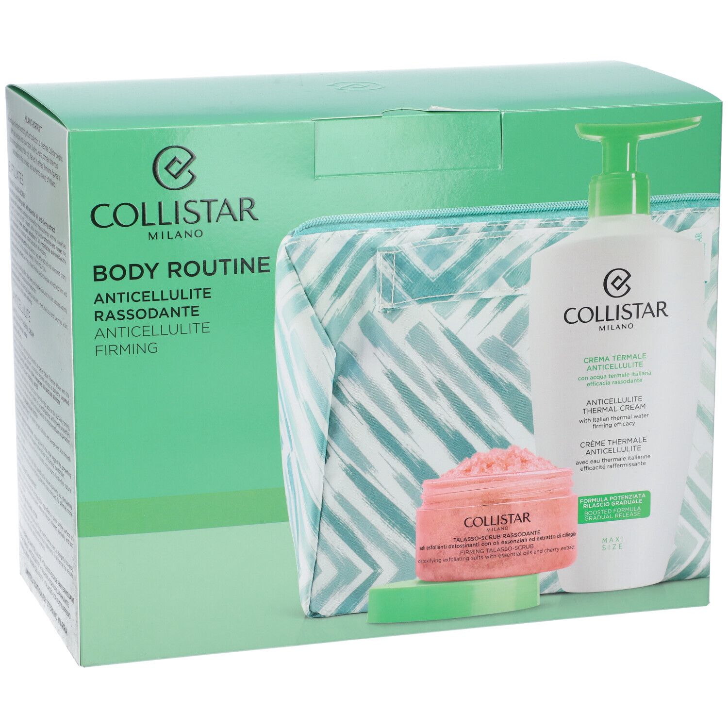 Set regalo Collistar. Include beauty bag, crema e scrub. Confezione verde e bianca.
