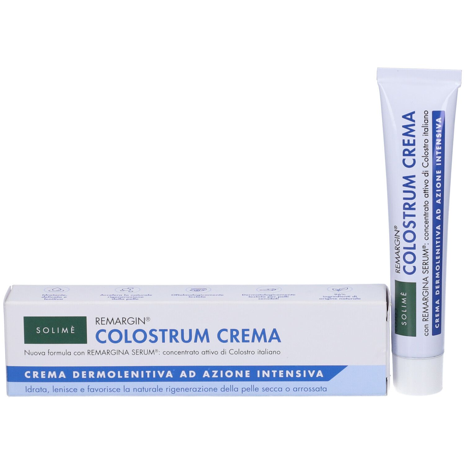 Produktverpackung mit Tube und Schachtel. Tube und Schachtel mit Text in italienischer Sprache. Weiß, blau und grün.