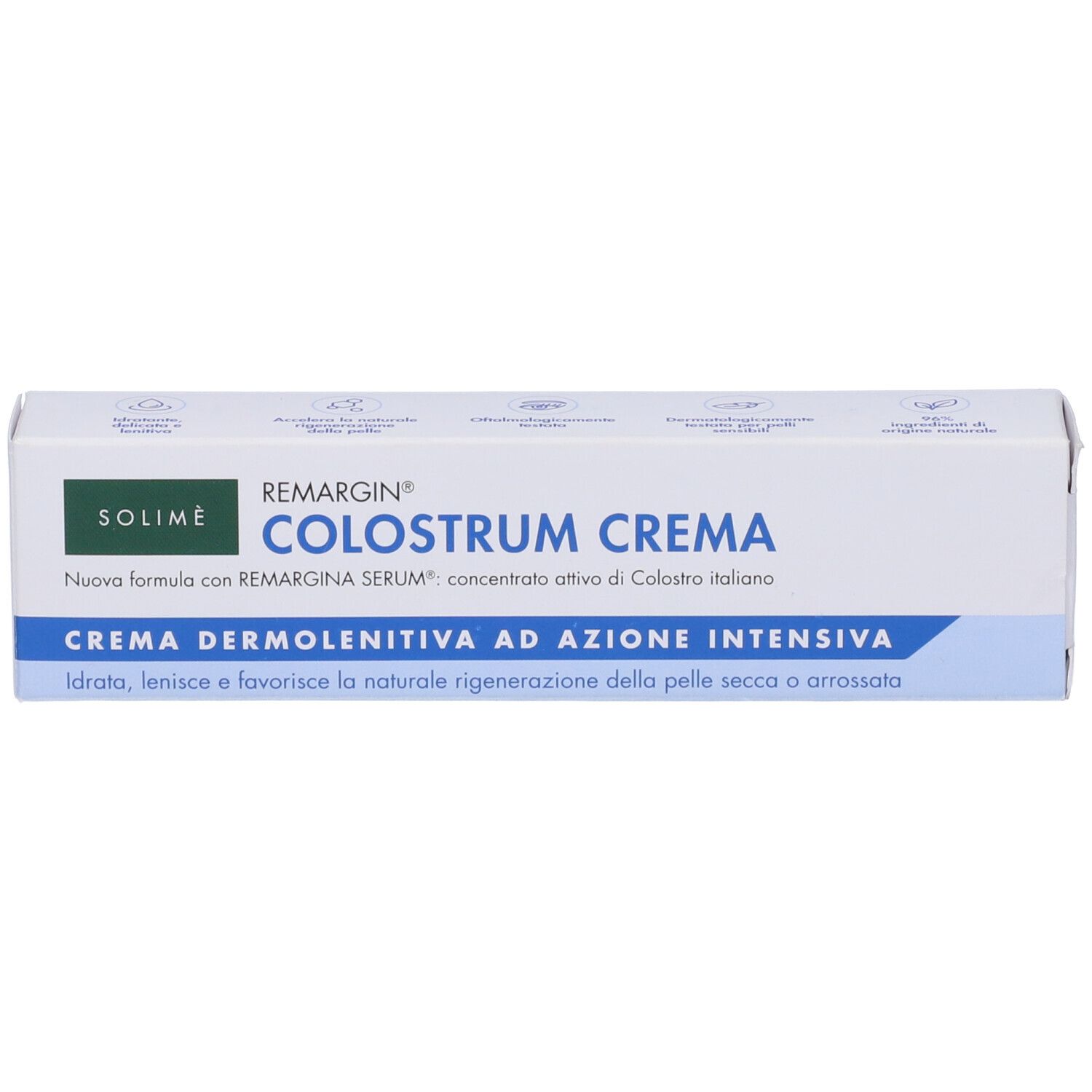 Weiße Schachtel mit grünem und blauem Text in italienischer Sprache. Produktname und Marke deutlich sichtbar.