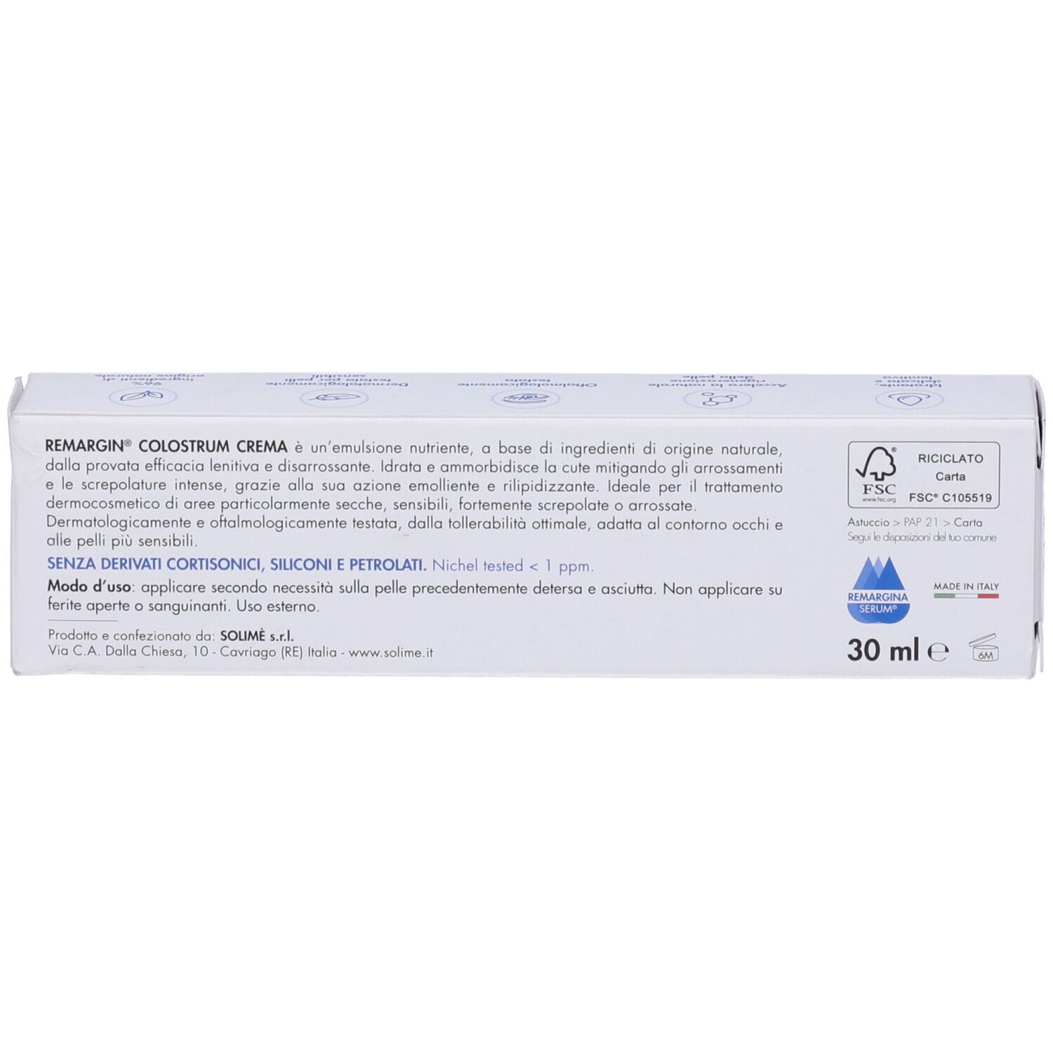 Rückseite der Produktverpackung. Enthält Text in italienischer Sprache, FSC-Zertifizierung und Volumenangabe.