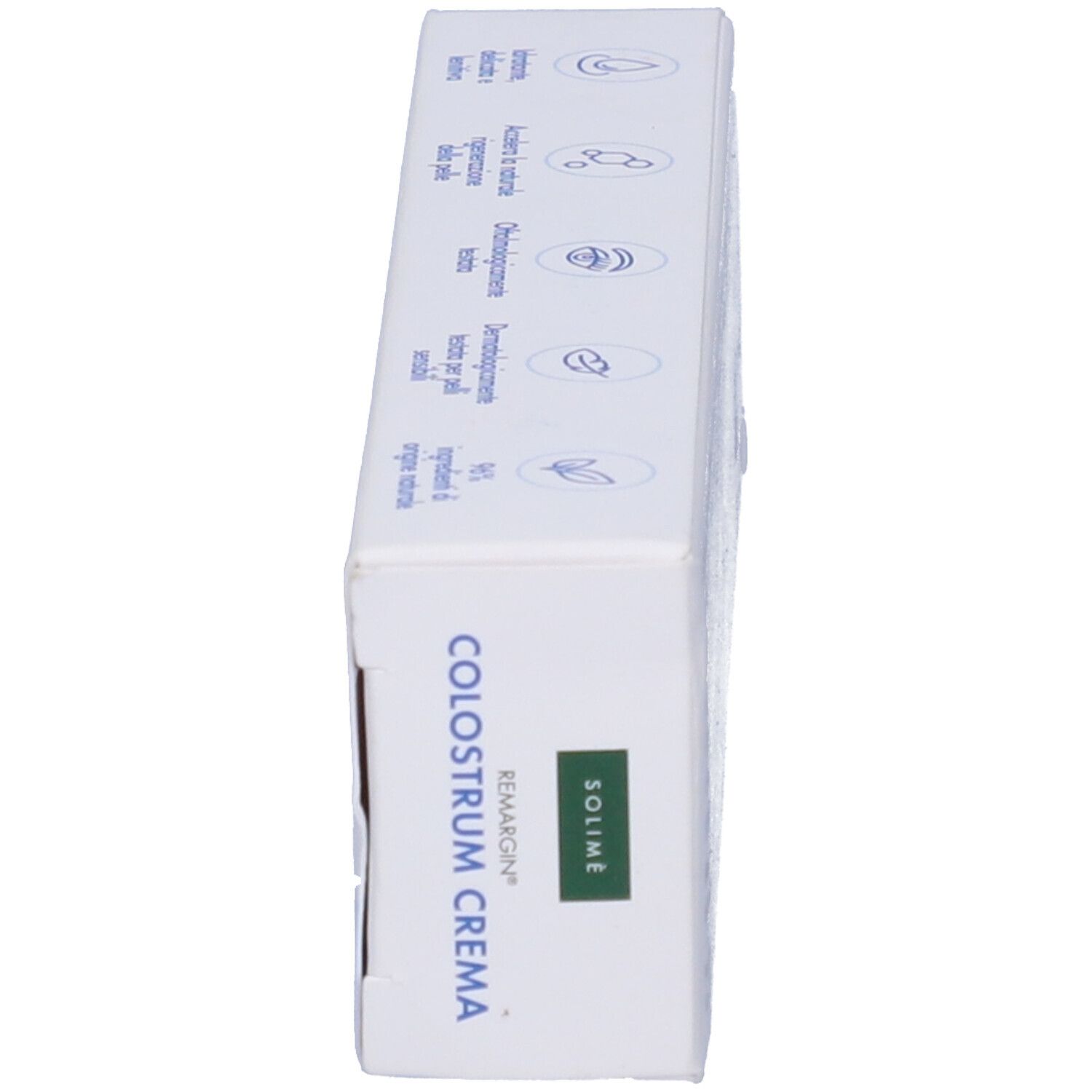 Seitenansicht der Produktverpackung. Enthält Text in italienischer Sprache und Produktinformationen.