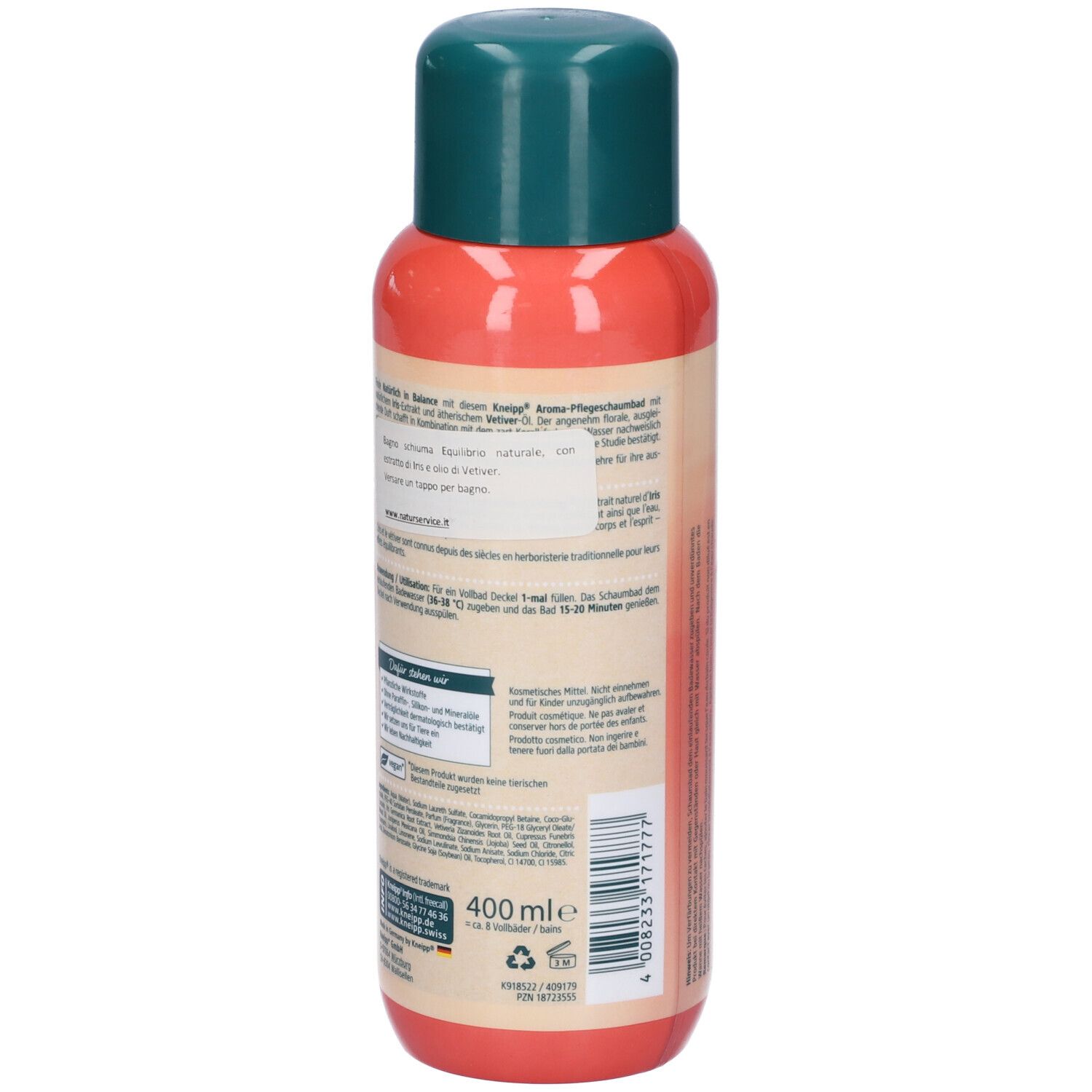 Retro del flacone Kneipp Equilibrio Naturale. Informazioni testuali, ingredienti e dettagli del produttore.