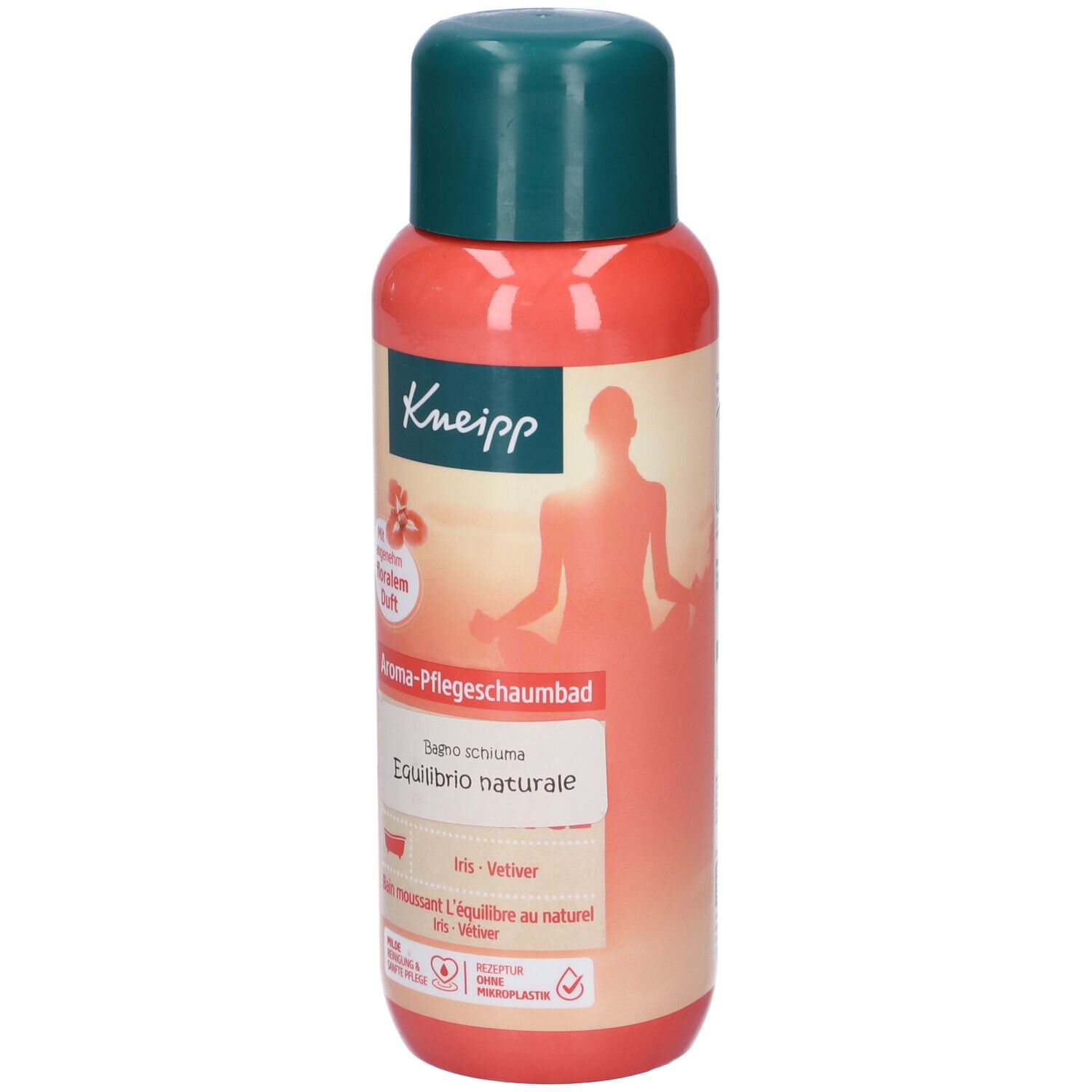Kneipp Bagnoschiuma Aromatico Equilibrio Naturale. Flacone rosso con tappo verde. Etichetta con nome, logo e illustrazione.