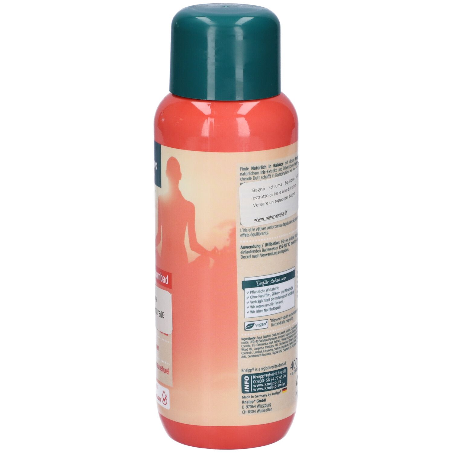 Retro del flacone Kneipp Equilibrio Naturale. Informazioni testuali, ingredienti e dettagli del produttore.
