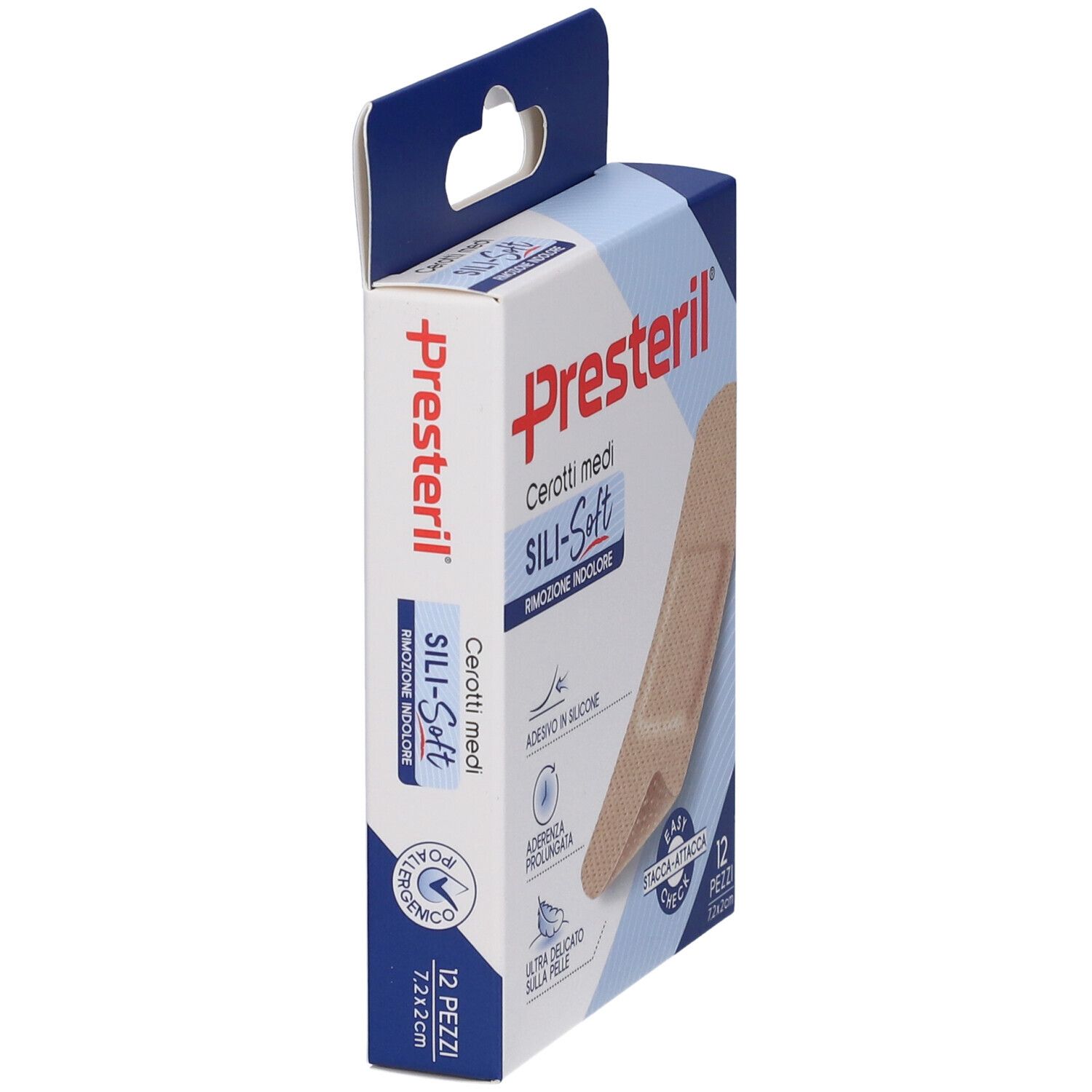 Verpackung Presteril Sili-Soft, Seitenansicht. 12 Stück, 7,2x2 cm. Beige Pflaster abgebildet. Adhäsions- und Silikonhinweise.