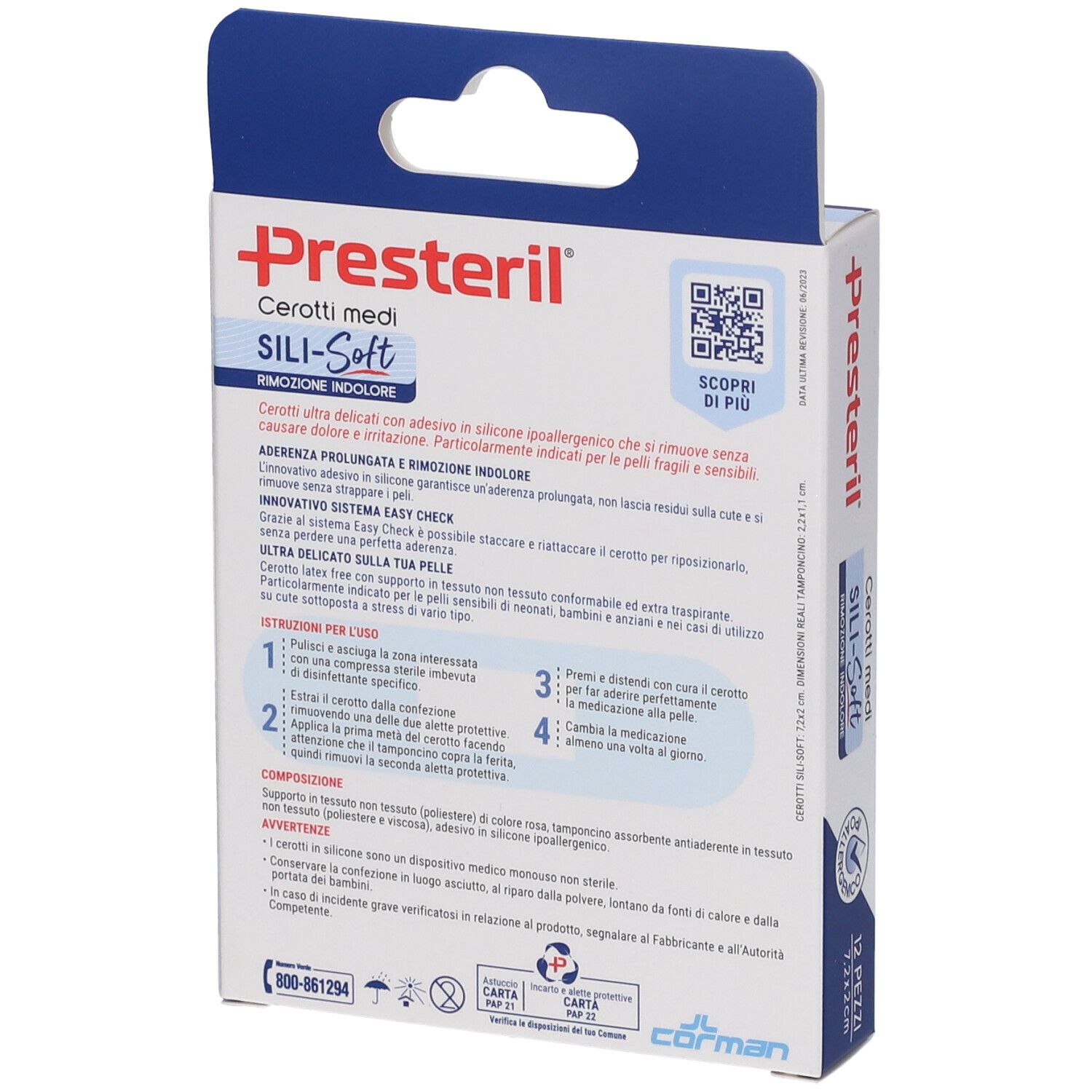 Rückseite der Verpackung Presteril Sili-Soft. Text, Anweisungen und QR-Code. 12 Stück, 7,2x2 cm. Informationen zum Produkt.