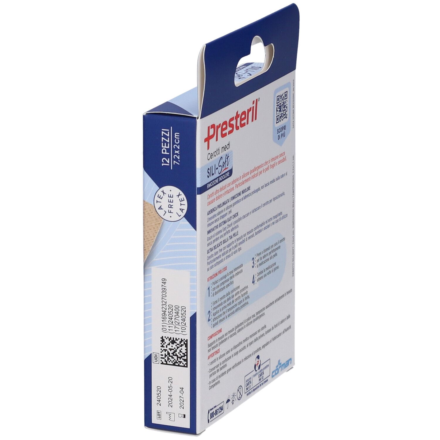 Seitenansicht der Verpackung Presteril Sili-Soft. 12 Stück, 7,2x2 cm. Text, QR-Code und Haltbarkeitsdatum. Latex-frei.
