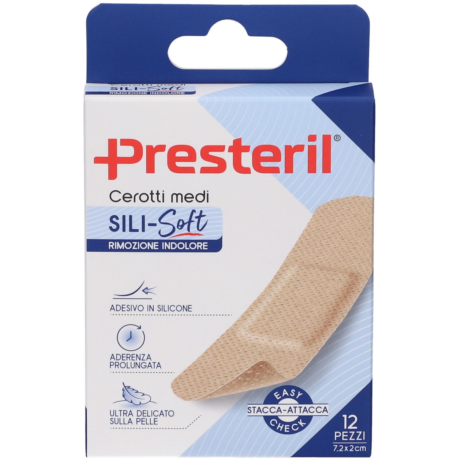 Verpackung Presteril Sili-Soft. 12 Stück, 7,2x2 cm. Beige Pflaster abgebildet. Adhäsions- und Silikonhinweise.