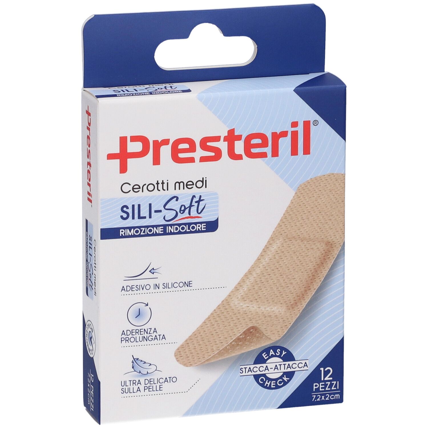 Verpackung Presteril Sili-Soft. 12 Stück, 7,2x2 cm. Beige Pflaster abgebildet. Adhäsions- und Silikonhinweise.